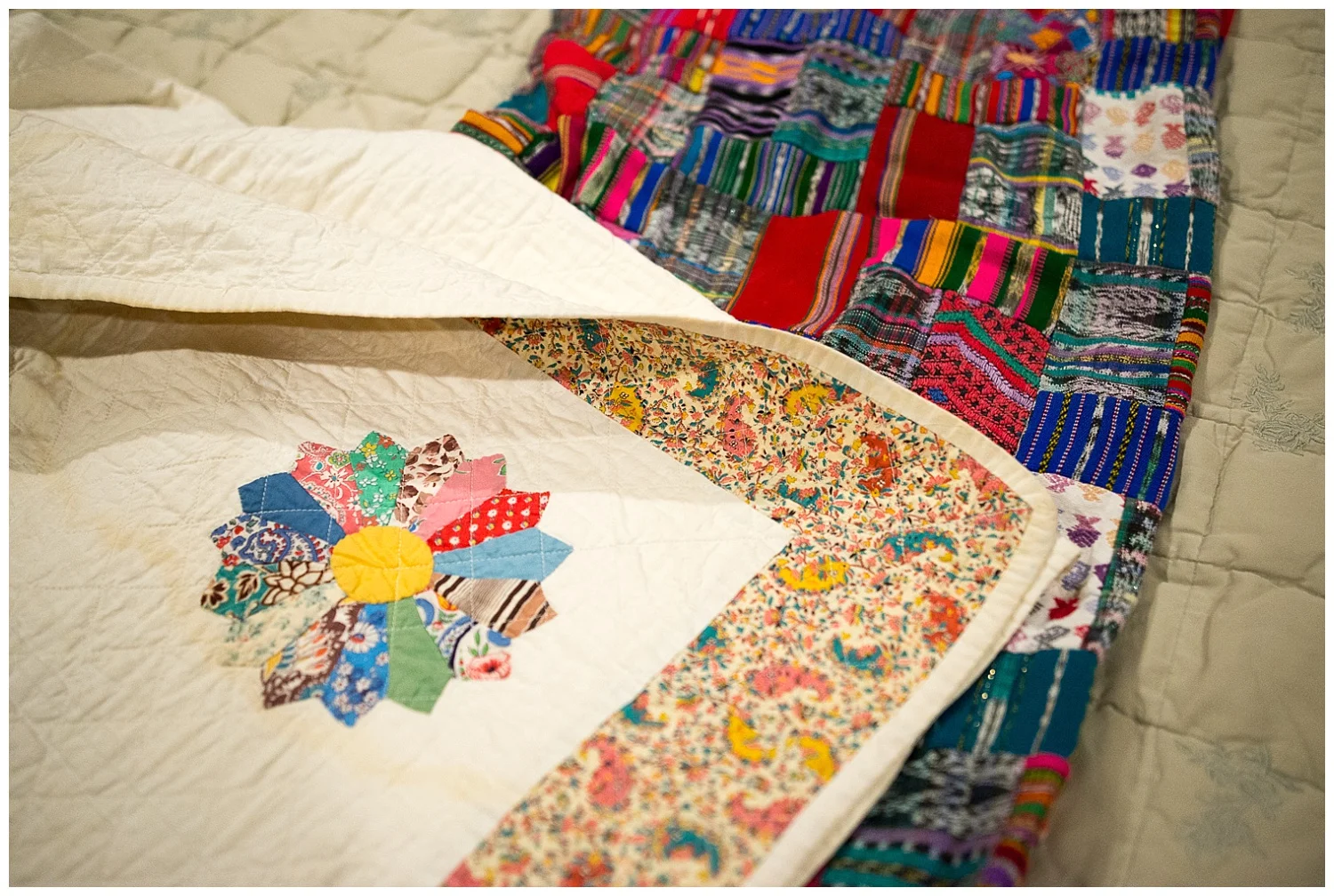 Christy's aunt made this quilt and she also used fabric from her grandma's house coat. Repurposing clearly runs in the family. 