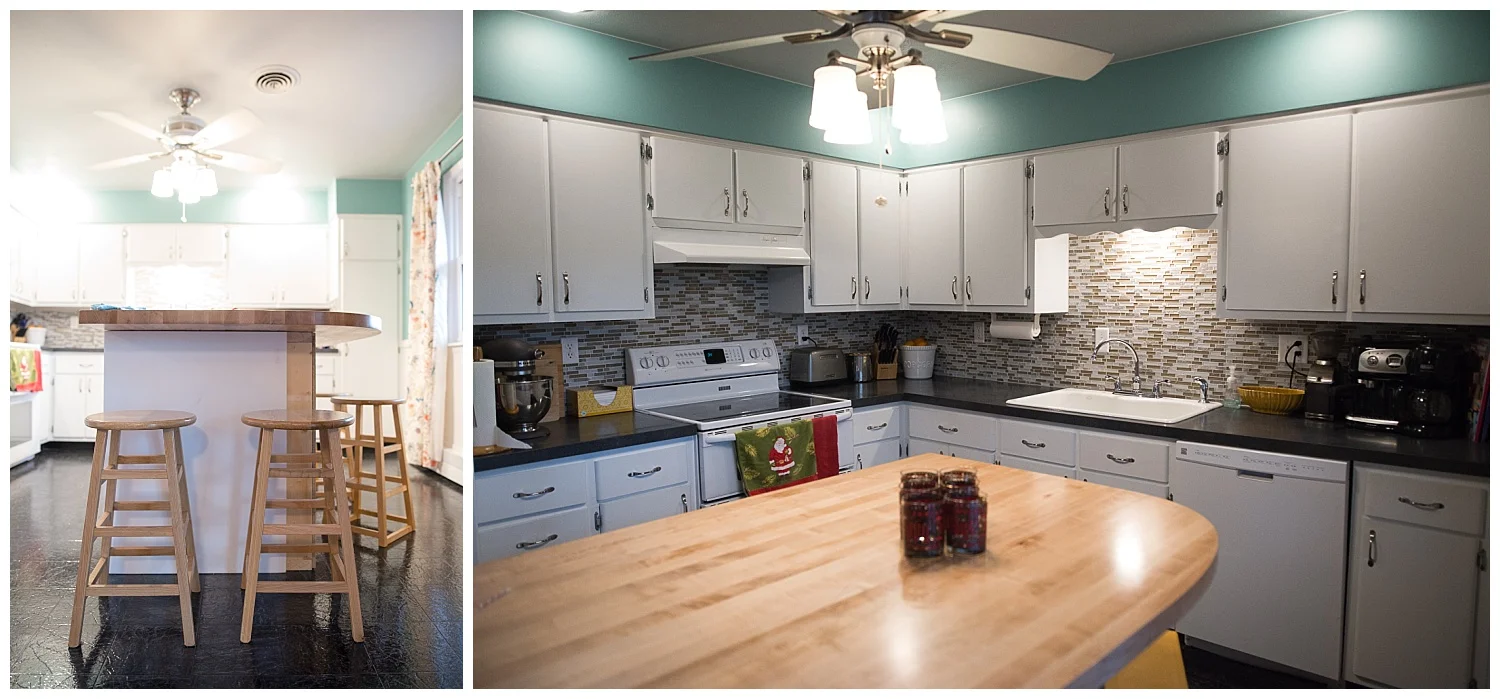 The kitchen. Kevin found a top at the John Boos Outlet in Effingham and built the cabinet to create the island.