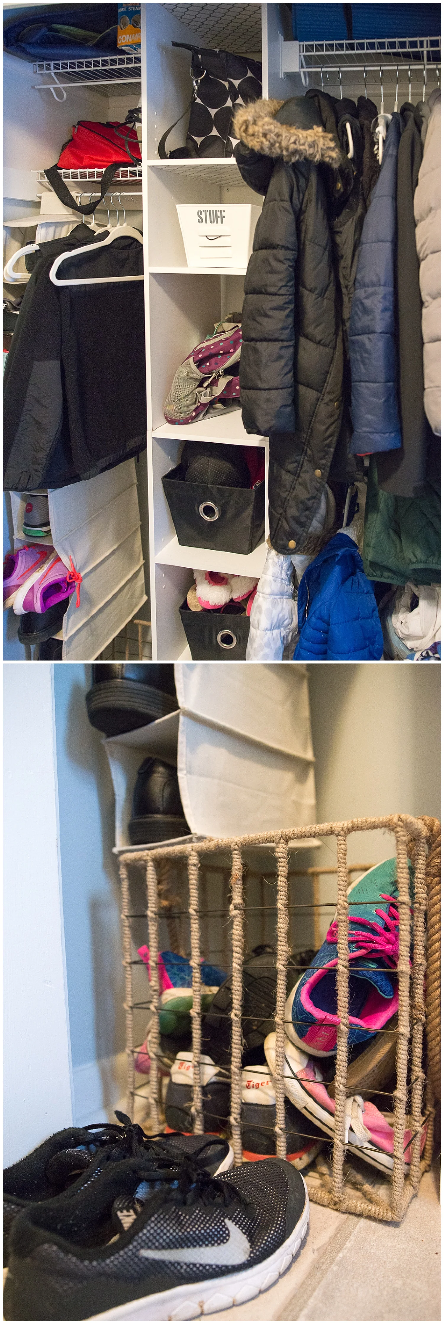Around the corner from the kitchen is the laundry area. Aaron single-handedly and only with a few fits of rage re-worked this closet by removing the doors and installing the closet system. The wire and jute shoe basket came from Fresh Digs.