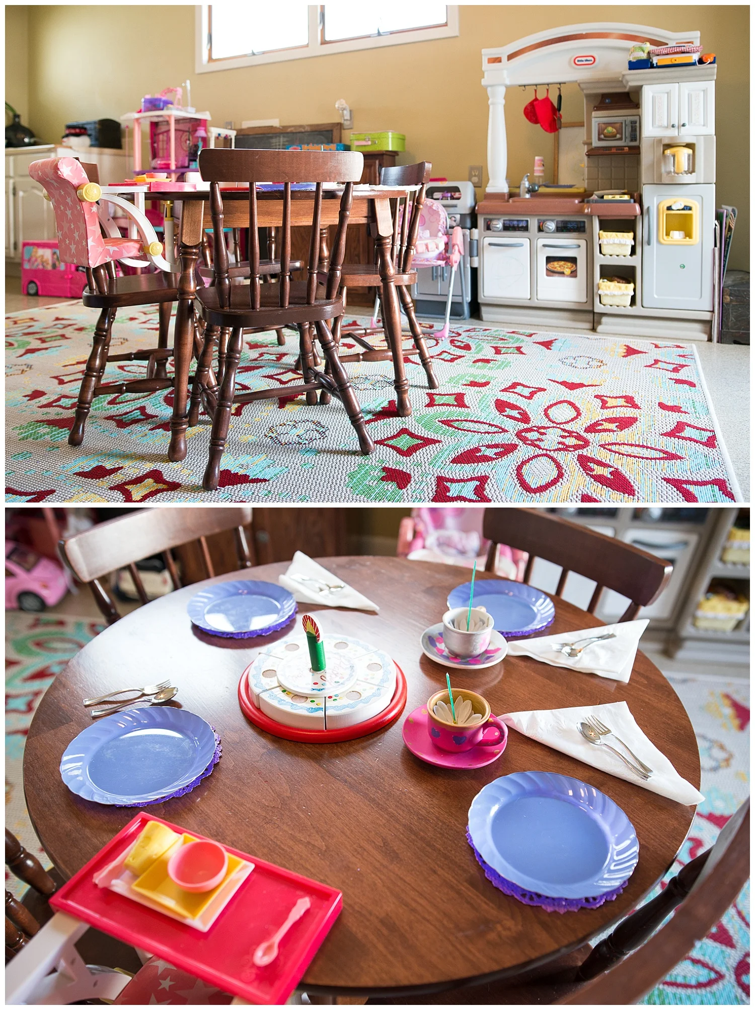 Kids live here. This is the kids' upstairs play area just off the kitchen and it is complete with all the things needed for a tea party. A little table and chairs is exactly what every playroom needs.