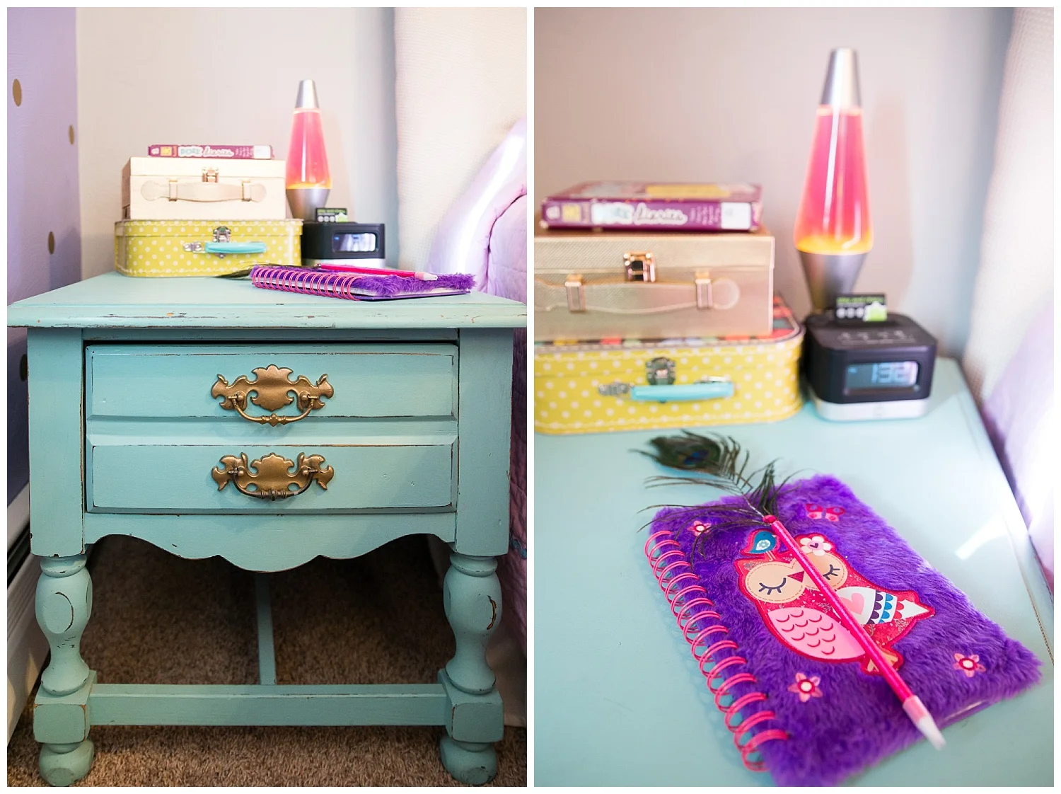 Girl things. The bedside table came from Fresh Digs.