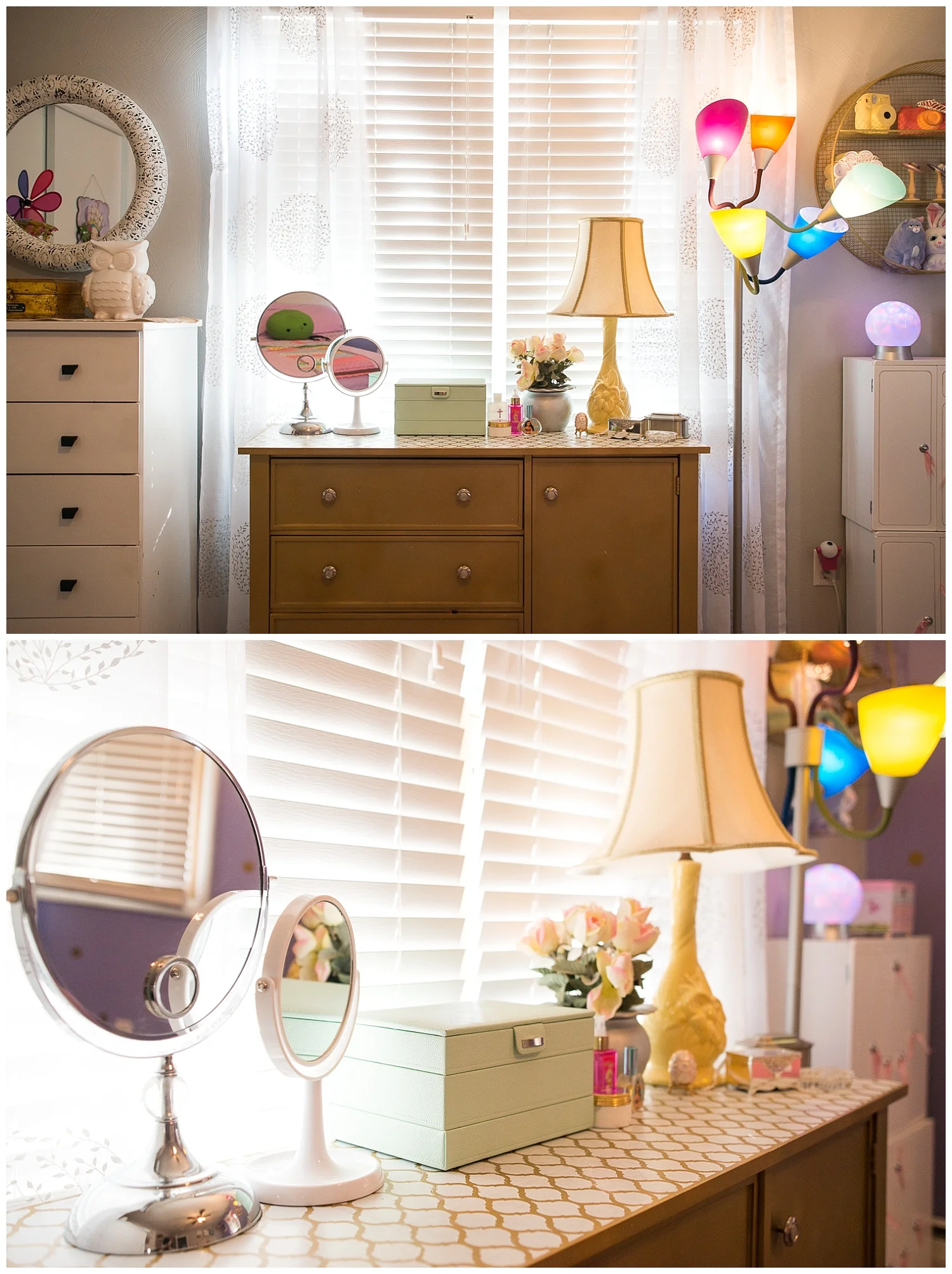 Monica painted the dresser gold and stenciled the top. The vintage yellow lamp came from the backroom at Fresh Digs. 