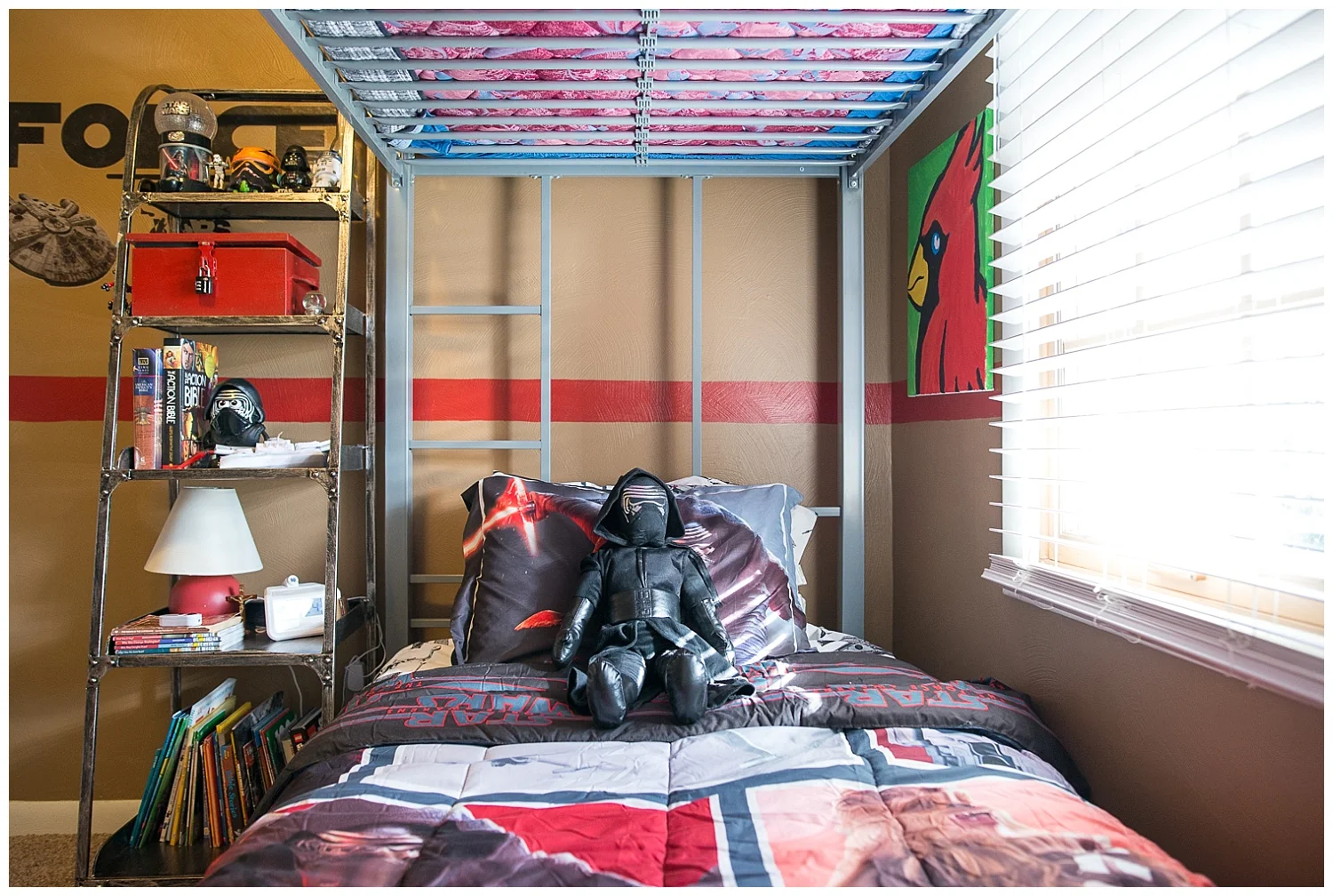 Monica’s done a great job of maximizing Myles’s space. The bunk-beds are great for when friends sleepover and a number of vertical shelves keeps his things neat and orderly.