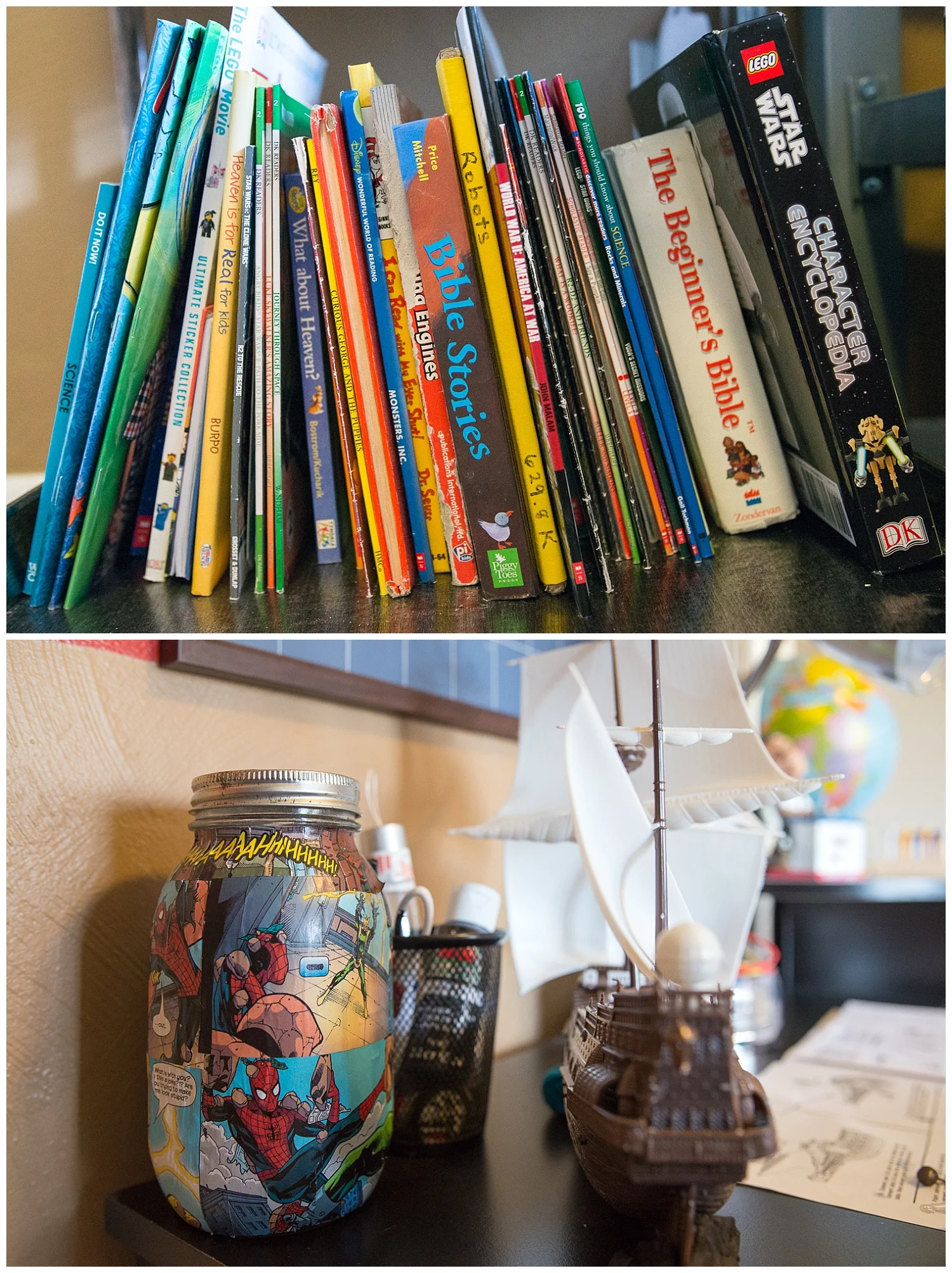 Gotta have books. The decoupaged mason jar was a gift to Myles from Lily that she got from the school's Christmas store. Here's the desk where the ship making magic happens.