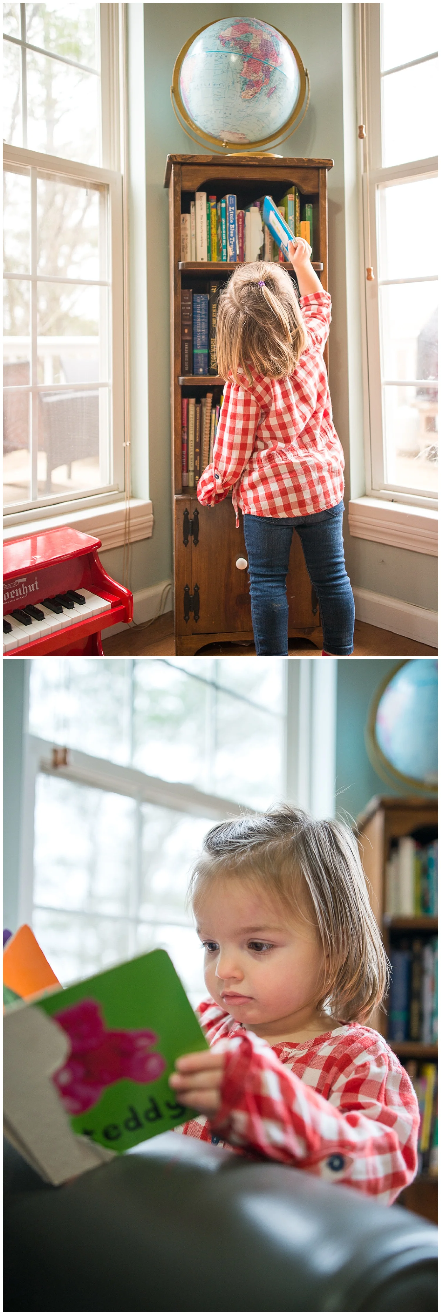 Here is two-year-old Holly. Helen's Great Uncle built the wooden bookshelf.