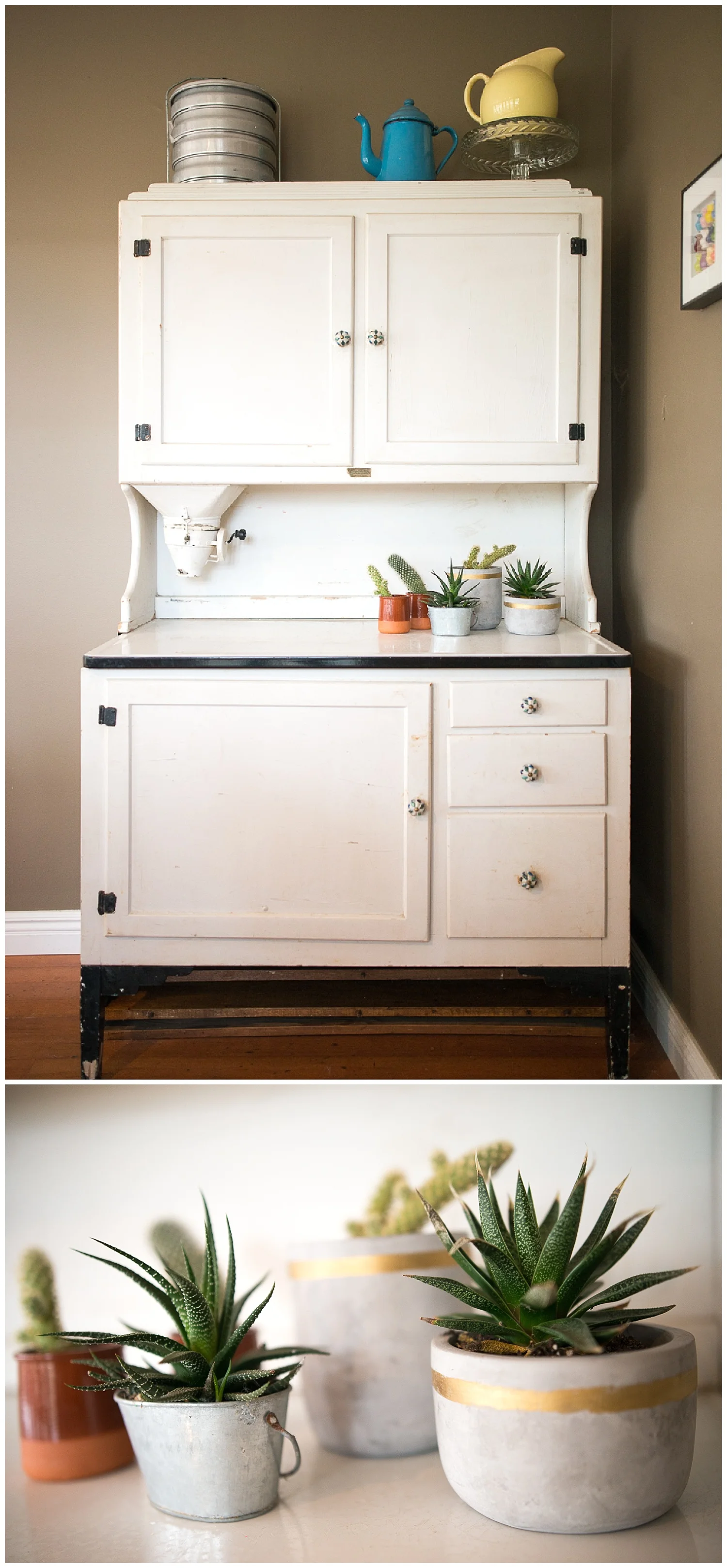 In the corner of the dining room sits the Hoosier cabinet that is one of Helen's favorite things. It was purchased at an antique shop when she and John got married and she added her own touch by changing the knobs. The ceramic and gold pots came from Fresh Digs.