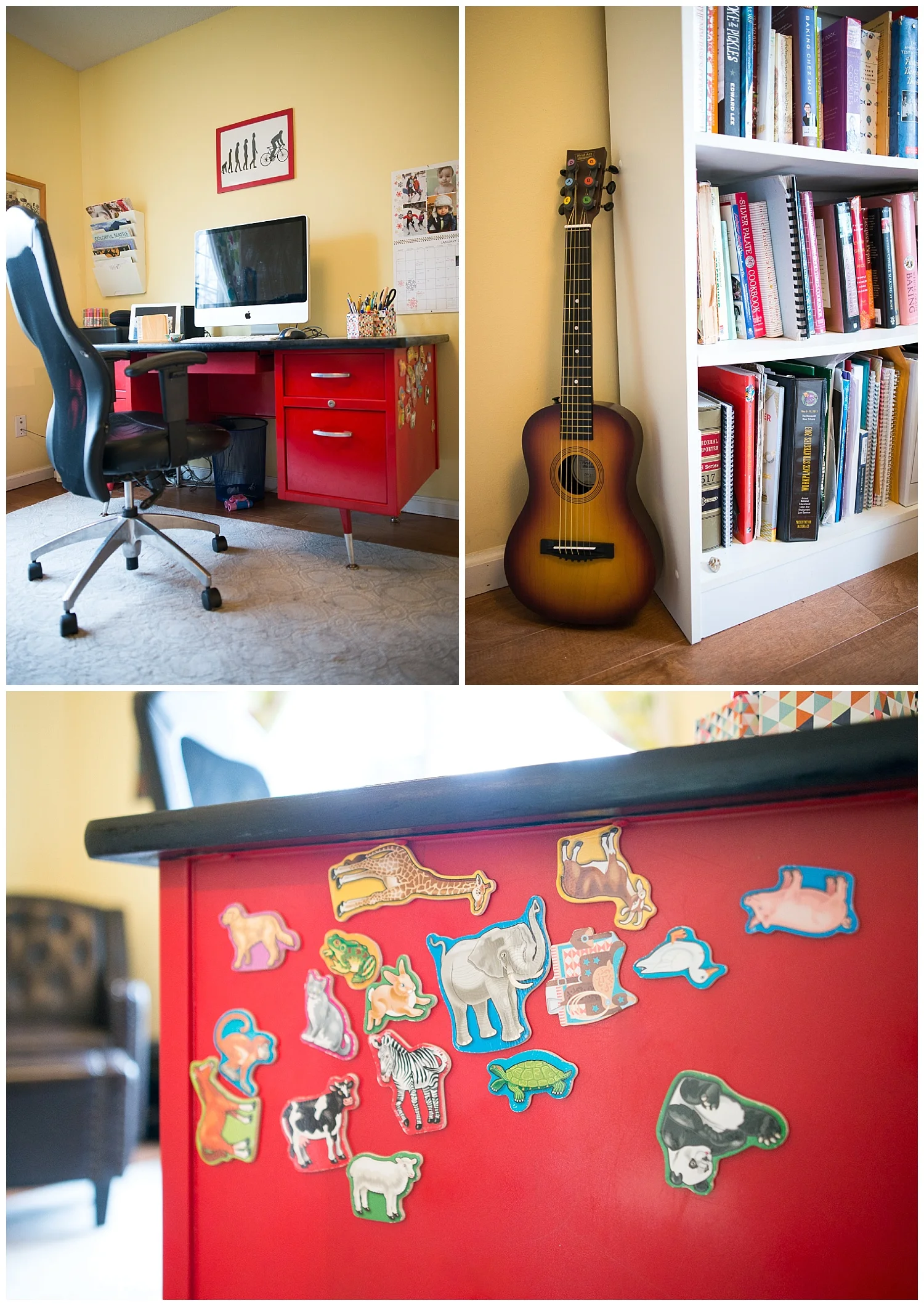 In the office. Here’s the desk after she gave it her touch with a few cans of red spray paint. She lost all feeling in her spray finger, but this desk was totally worth it. 