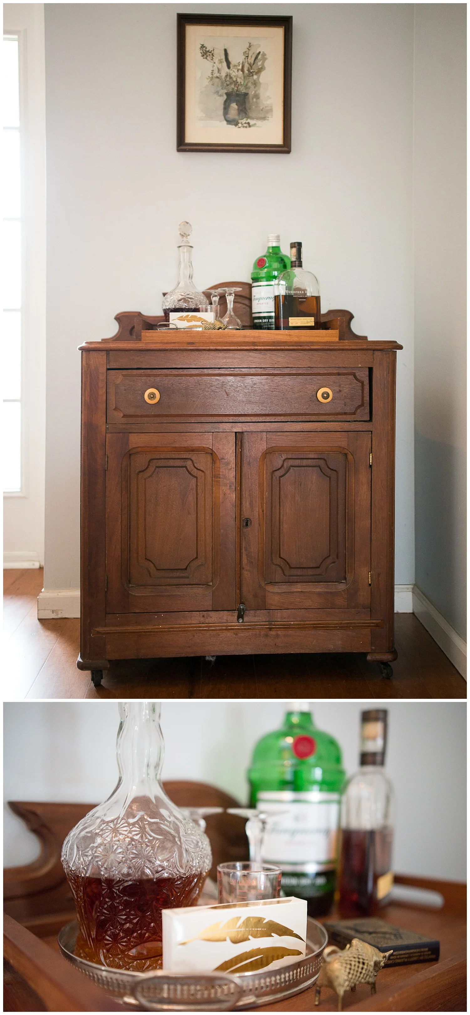 Helen has a way with vintage pieces. A drink is just around the corner from where guests enter. I love the tray, decanter, feather matchbox combo. 