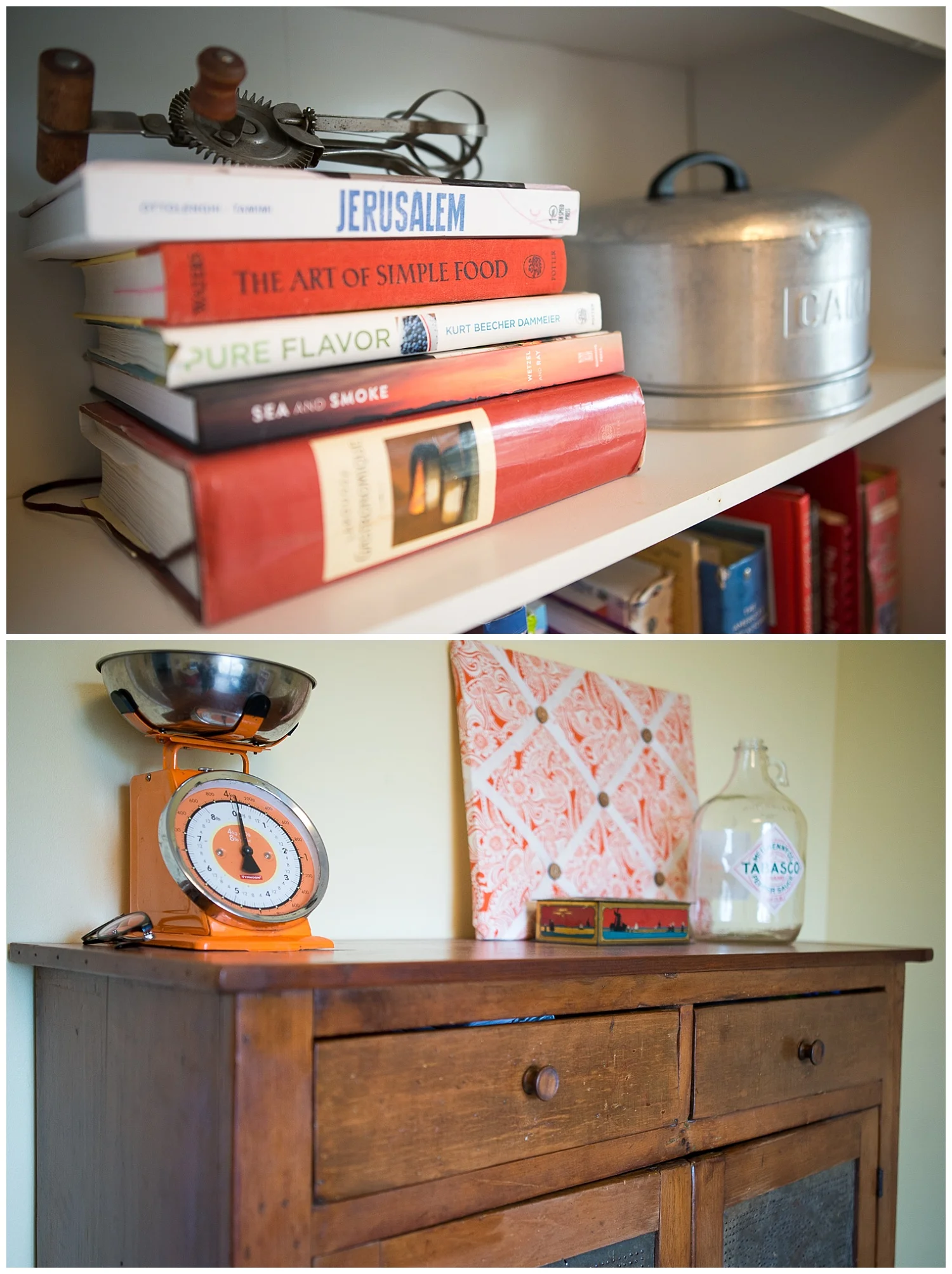 The pie safe, which was her grandmother’s, is one of her favorite things. I love how she decorates with kitchen implements. 