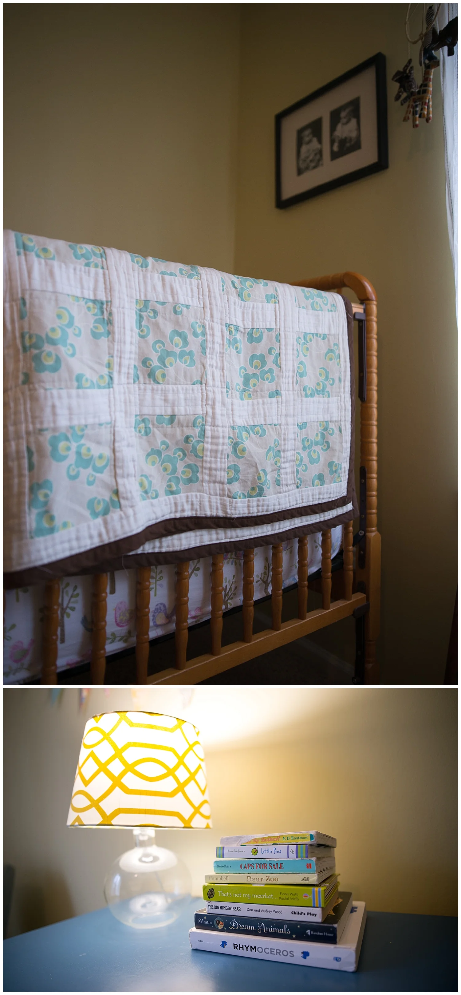 Helen made Holly's quilt and above the bed hangs a birthday present from her mom - a framed picture of Helen as a child. 
