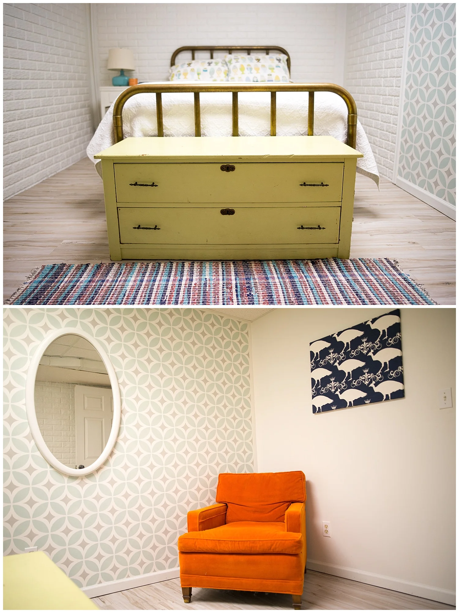 This room slays me. Check out our Instagram feed to see some cool shots of Tytia in here. The bed came from an antique shop and the dresser was her grandma’s. Helen did the wall stencil (she clearly has the patience of Job) and the fantastic orange chair came from an estate sale. 