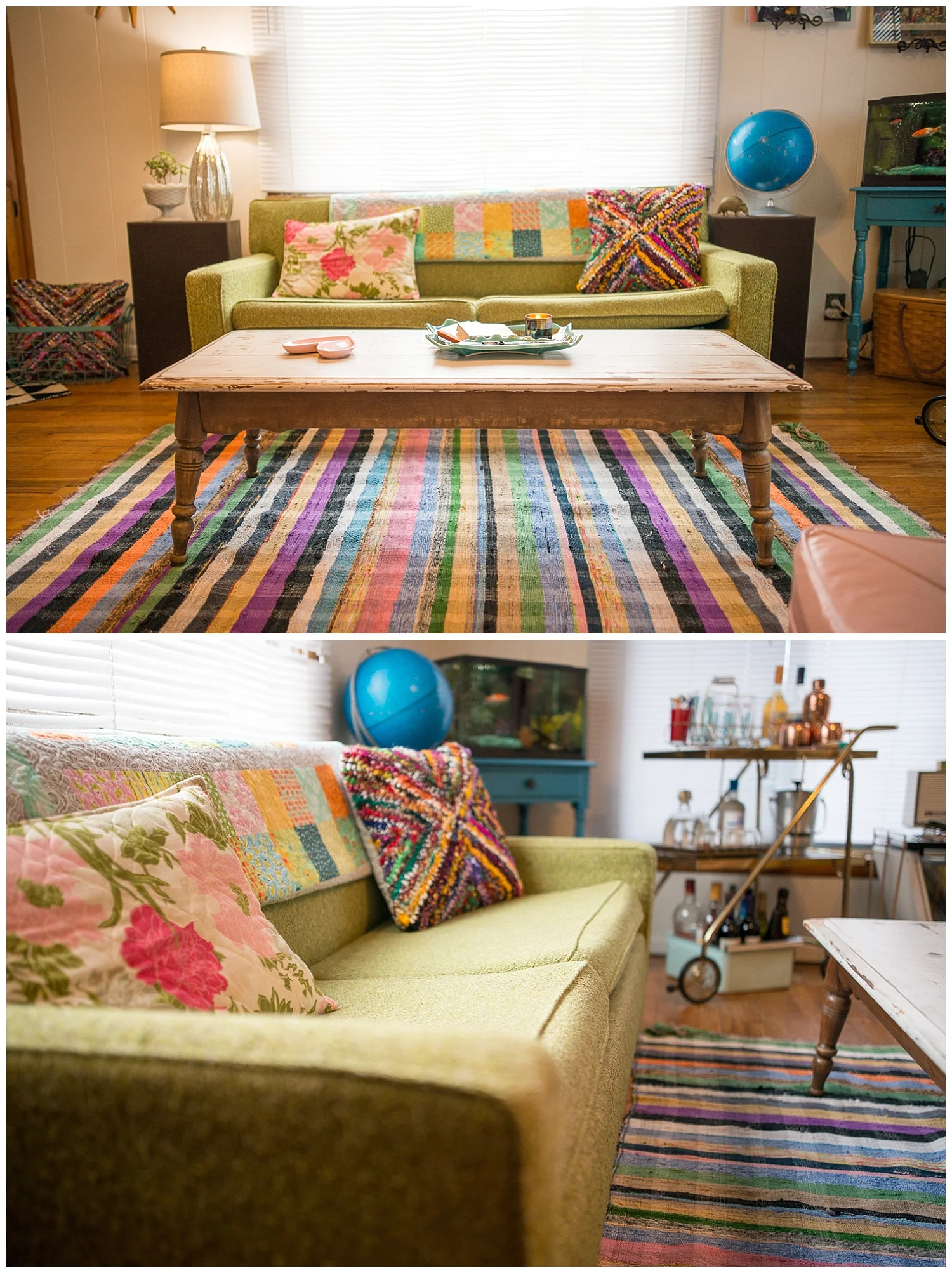Walk into the Wilson home and you can’t help but smile at all of the color and light. Their love for thrifting and travelling together has filled their home with many retro, found and funky objects. The green hide-a-bed sofa, rug, coffee table, bar cart and globe all came from Fresh Digs. 