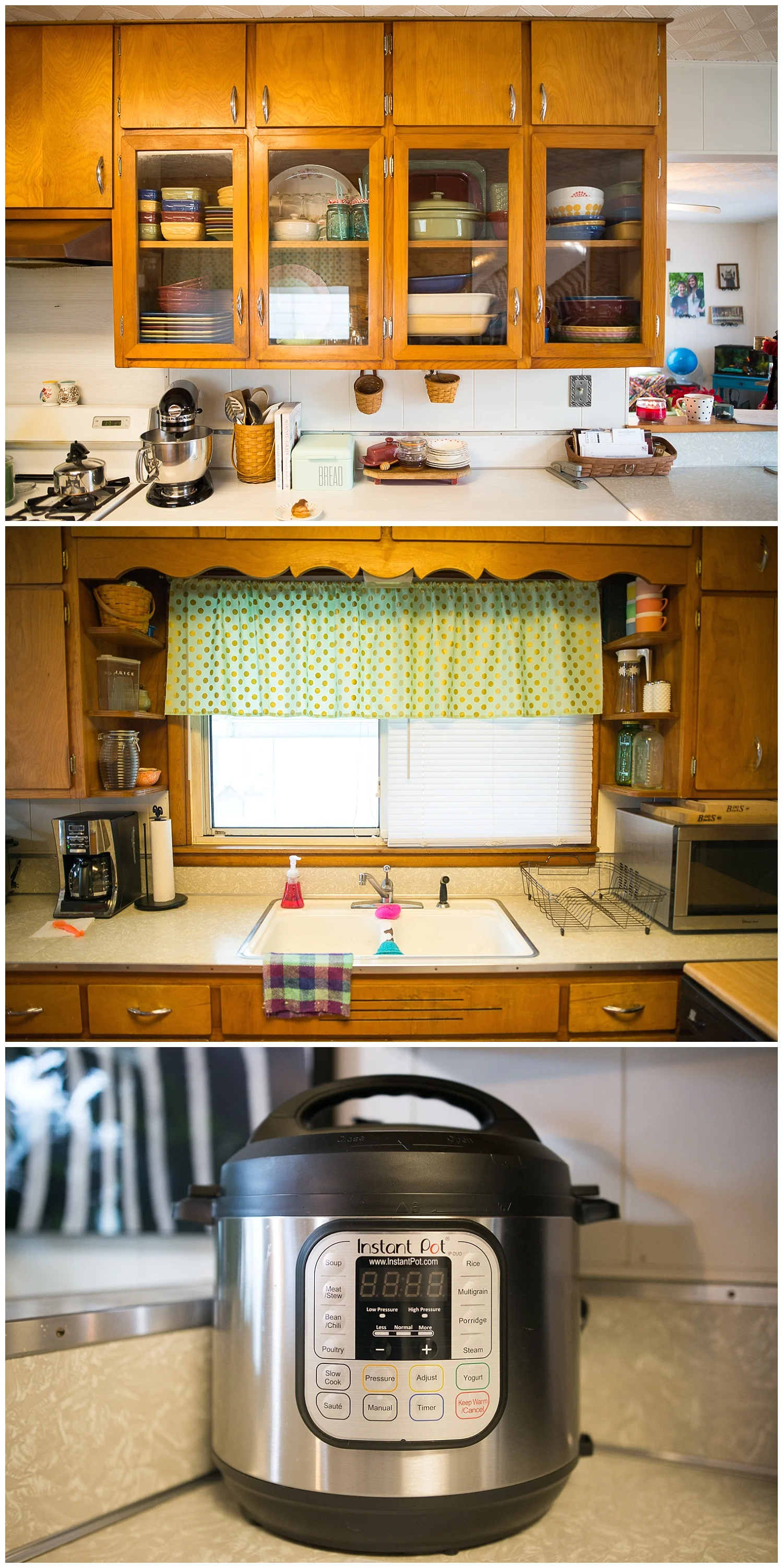 Bri has fantastic original 1950s kitchen cupboards in which to display her Longaberger dish collection and other dishes - both new and old. Effingham being the home of John Boos, she's got her two cutting boards neatly stacked on her microwave. And then we have her Instant Pot. She LOVES this thing and says it's amazing and cooks food so fast. Like an old timey pressure cooker but safer and even faster. 