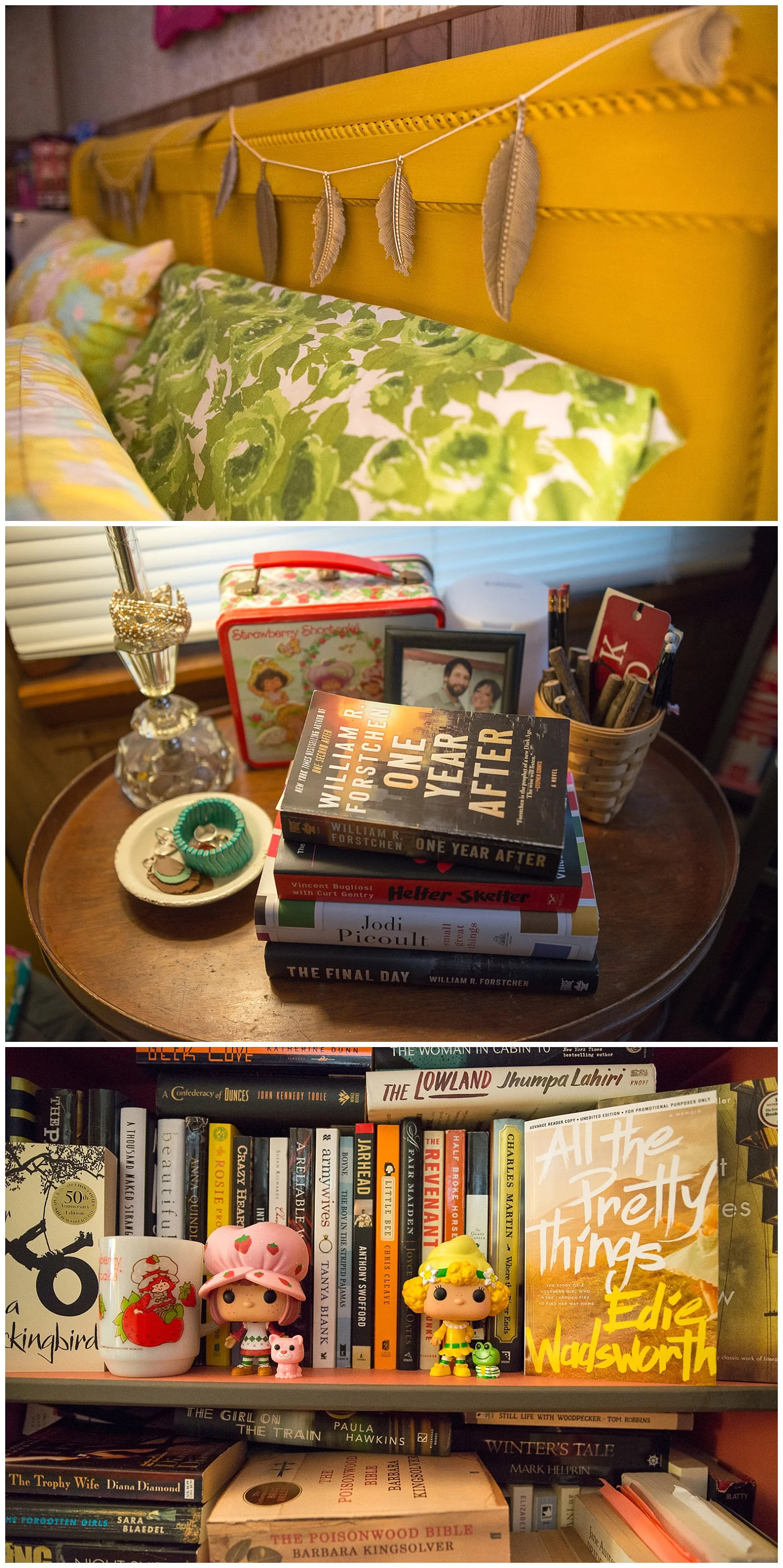 Bri’s side – She painted their bed using our DIY chalk and clay based paint in the color Queen Bee and then she draped the headboard with metal feather garland from Fresh Digs. See what I mean about her being a reader? And she checks books out from the library, as well. And I love the mix of girly stuff like Strawberry Shortcake items.