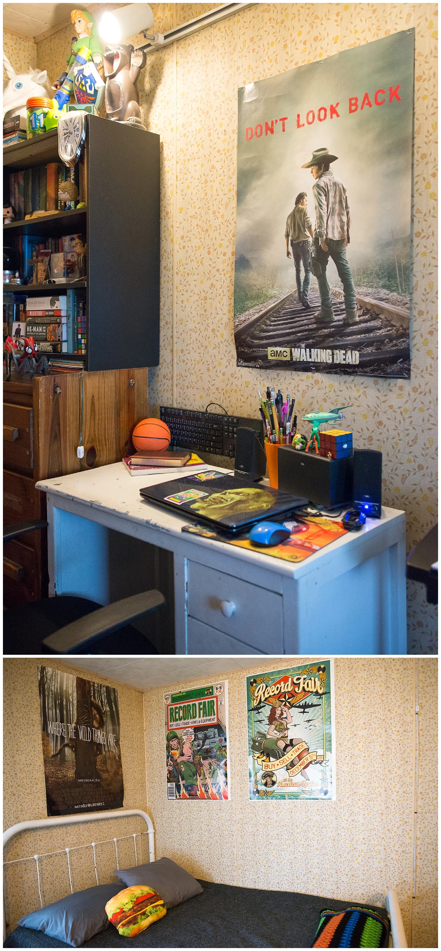 Eli also collects vintage gaming systems like Atari and Play Station and he spends most of his time playing online games. His bed came from a church garage sale and the Record Fair poster above his bed is what lit the fire that led to the creation of America’s Groove. 
