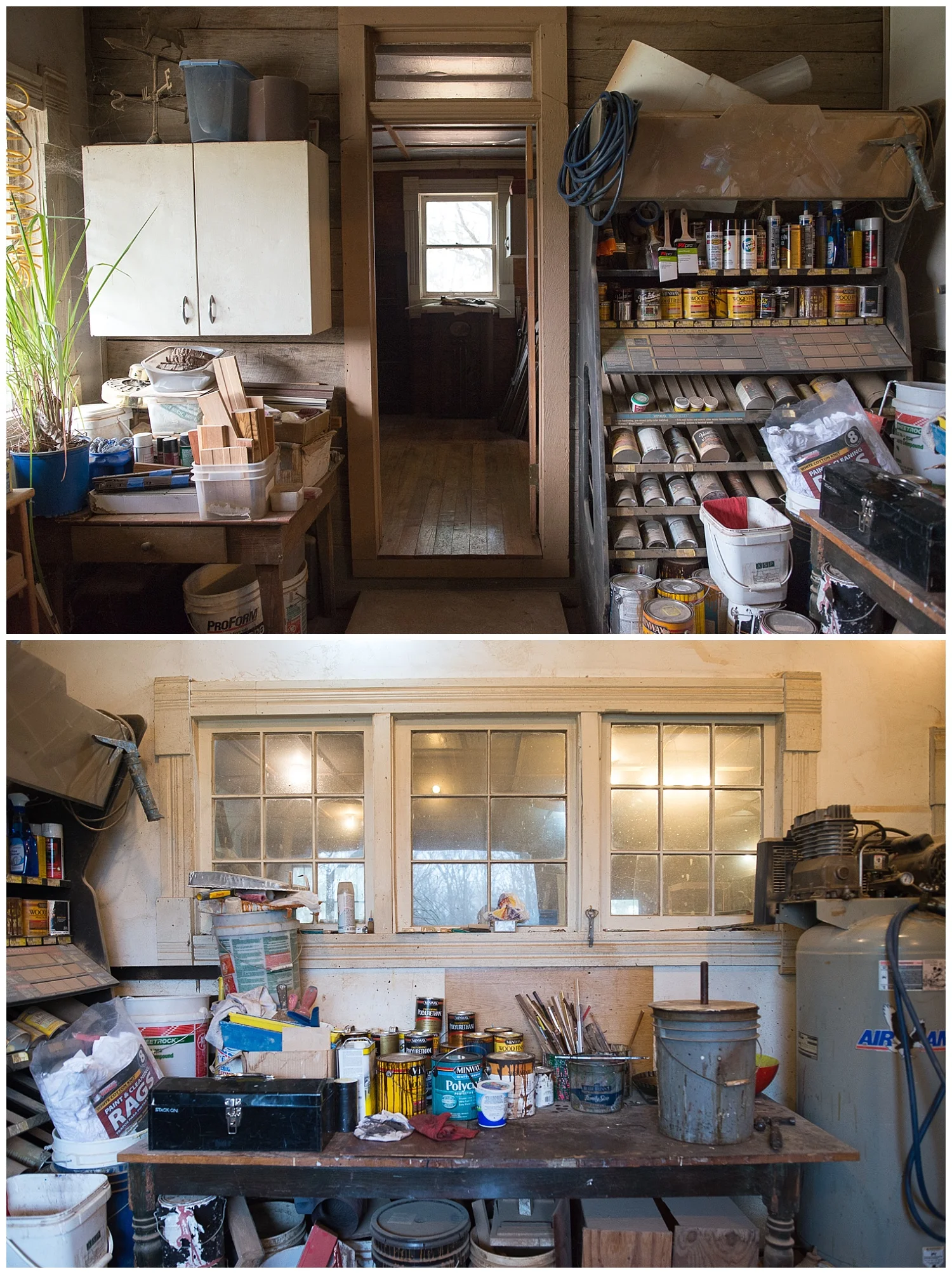 Just inside the beautiful door is this storage area. How about the trim on those windows? Not your typical outbuilding fare. 