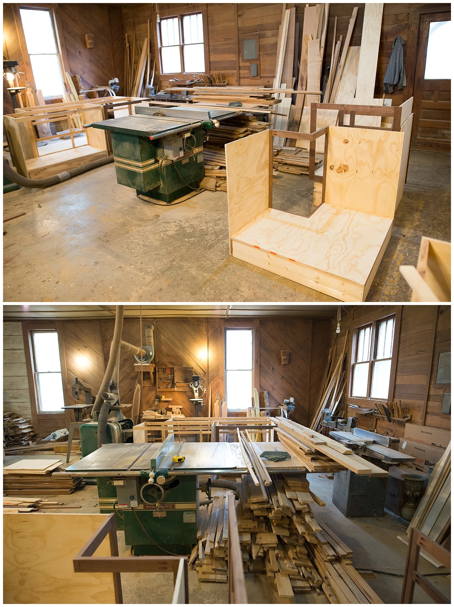 Inside the workshop. Some more MacGuyver-like ingenuity can be seen hanging from the ceiling in front of the double windows. Rick was working late one night and needed more light, so he grabbed an old lamp and affixed it to the ceiling. Presto, problem solved. 