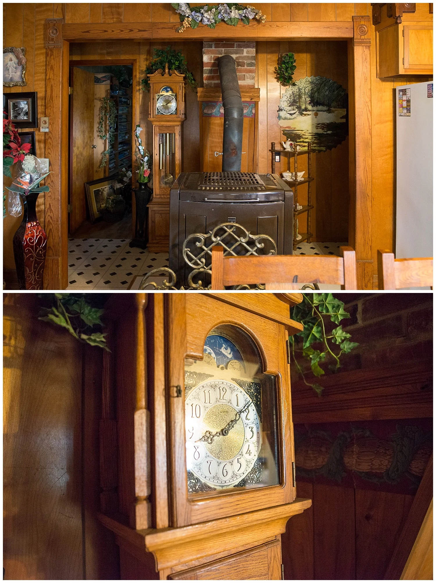 The show kitchen at the front of the house. This once coal but now wood stove does a fine job of heating the entire house and this Grandfather clock was impressively his Sophomore class project. 