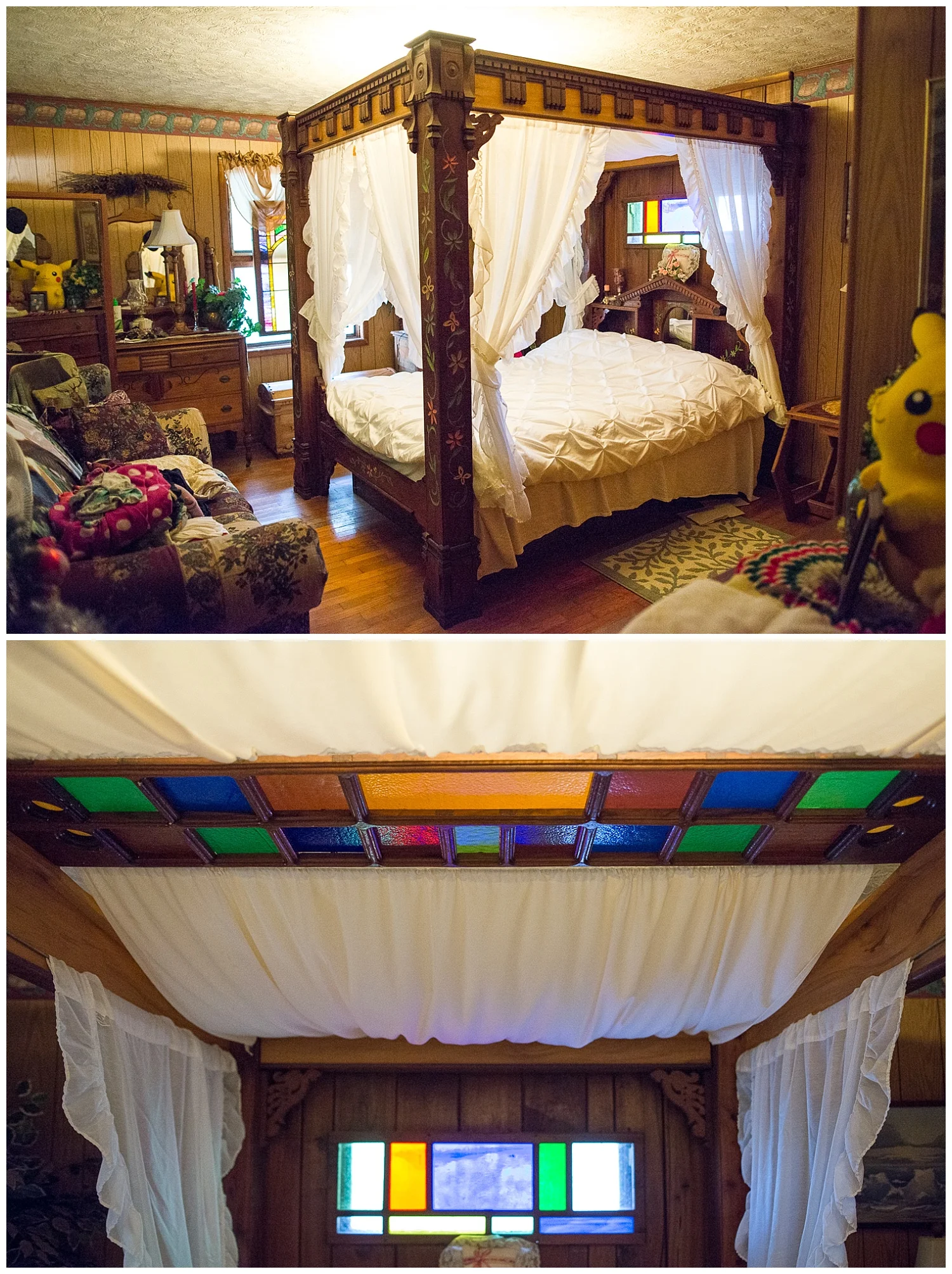 Shazam! Rick built their marital canopy bed out of mostly black walnut and sycamore. Note the extensive hand carving - his specialty. The art glass was salvaged from the Twelve Dollar House. He even built in six drawers underneath for storage.