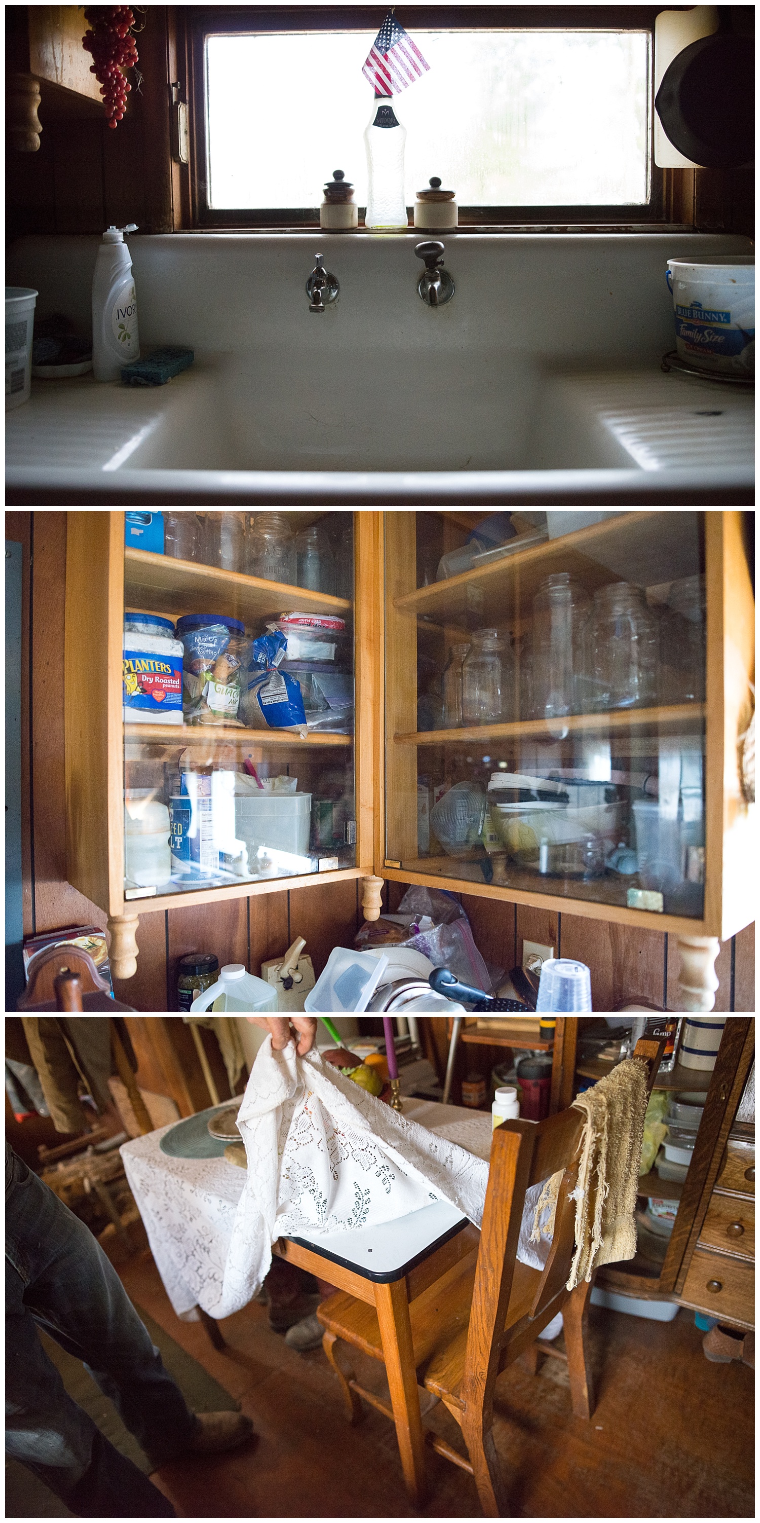 The 1940s kitchen was built into the back of the house. This is where, among other things, the canning happens. He made the cabinets. Rick grows a large garden and does a lot of canning. The little enamel table came from a church. It had been painted white so Rick stripped and refinished it. 