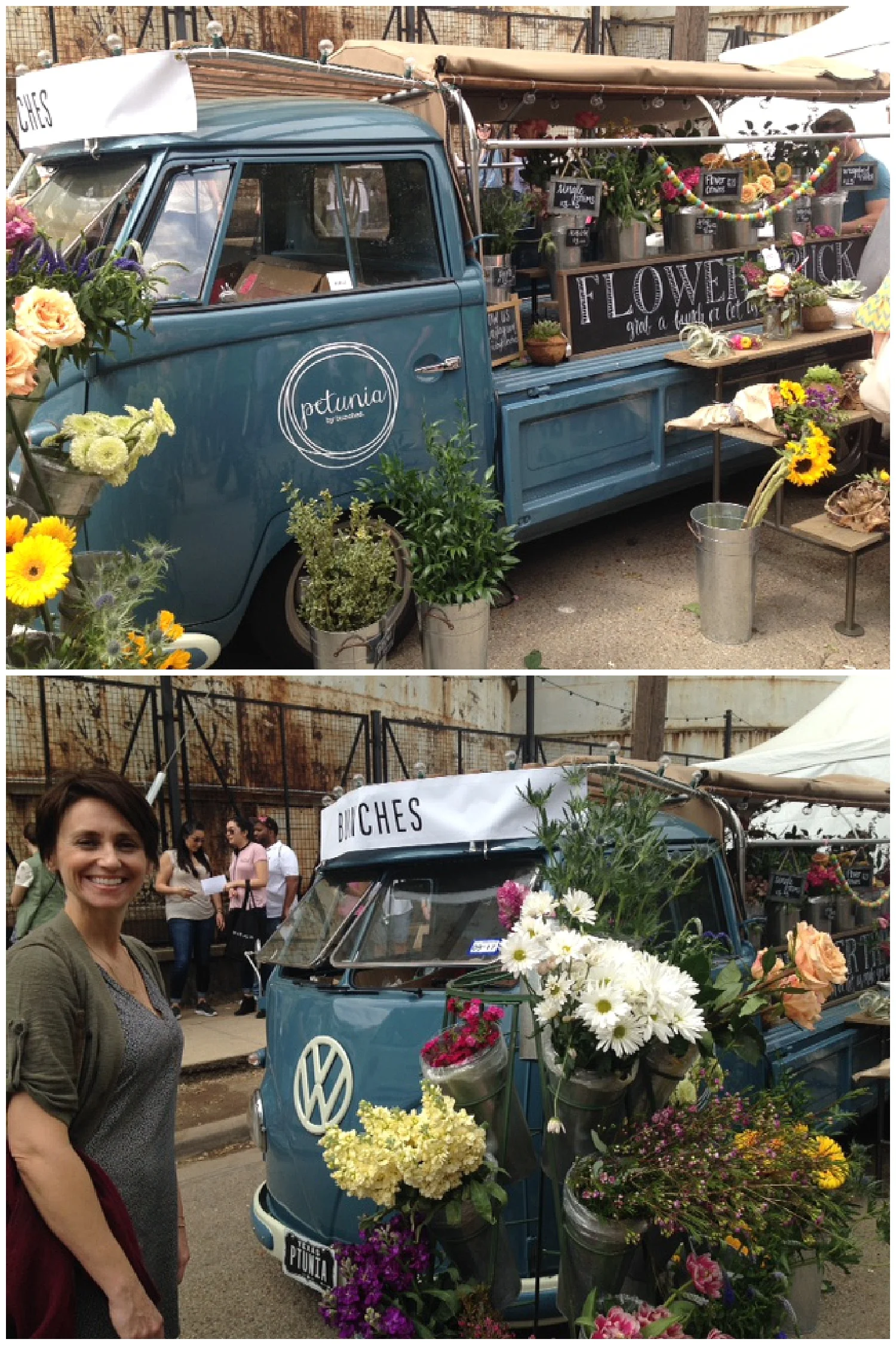 Check out this VW bus/flower cart! Pretty as a picture. Who needs a little white tent when you have Petunia the VW minibus? 