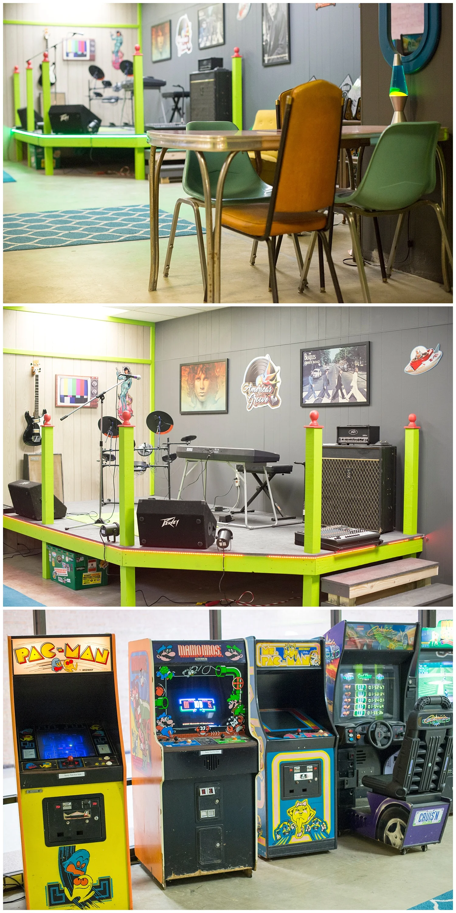 Here's a peek at his new space. The main features in this room for now are the arcade games and the stage. He's planning on hosting musicians playing only original music, comedy shows, maybe hold music lessons and offer whatever he feels like the community needs to experience in this space.