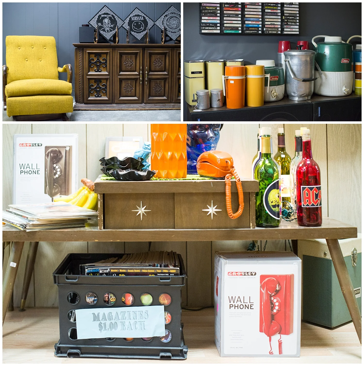 Aaron does a great job of displaying everything. Growing up we had an orange push-button phone like the one on the bench. : )