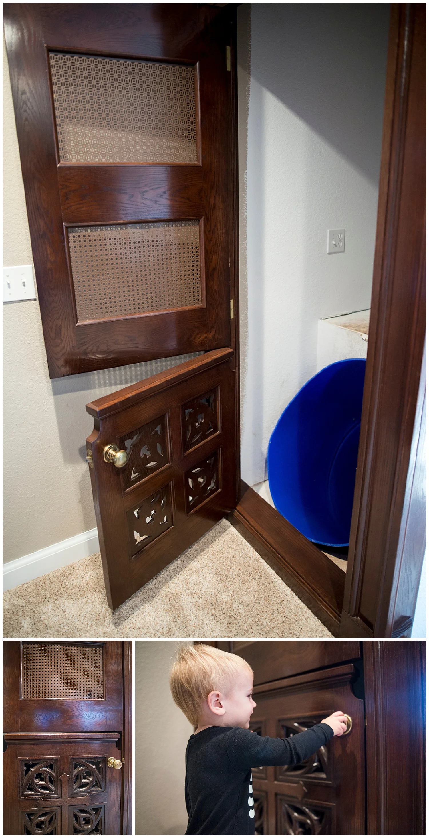 How about this for a work of art? They had a local woodworker strip and stain the confessional door to get it in its present gorgeous shape. The blue hole is the slide where Charlie would love to go. : )