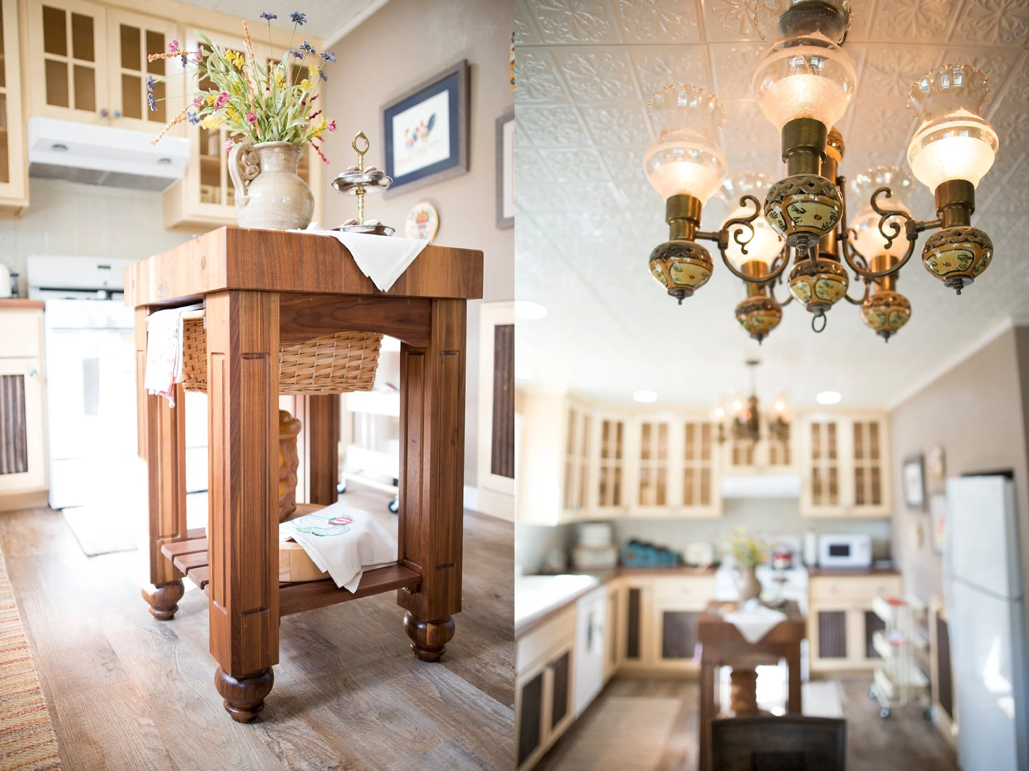 Left: The kitchen was designed around this Boos block her father gave her as a sign of appreciation to her for helping care for her mother. Bottom: The kitchen is nothing short of a masterpiece of thoughtful repurposing and reusing. The vintage ceiling lights came from a building that now houses her daughter's business, Integrated Therapy Services . 
