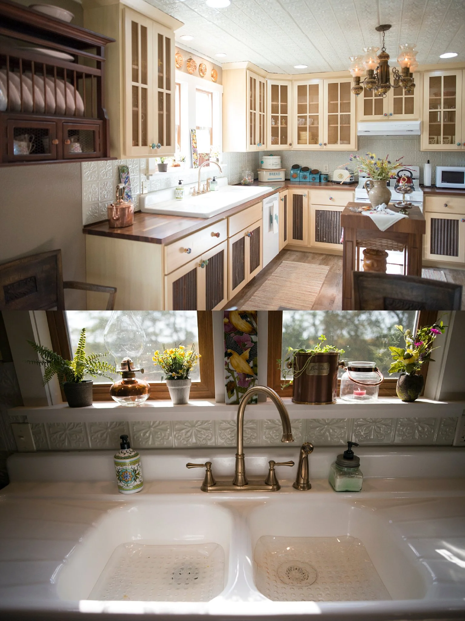 Top: The screens in her kitchen cupboards are her pride and joy. She had old tin from her family farm inserted on the bottom and up top she utilized copper screen wire that her dad had saved. Bottom: The kitchen sink came from an old house that was torn down. Since it was full of raccoon poop and in pretty bad shape when she found it, she had it recovered. 