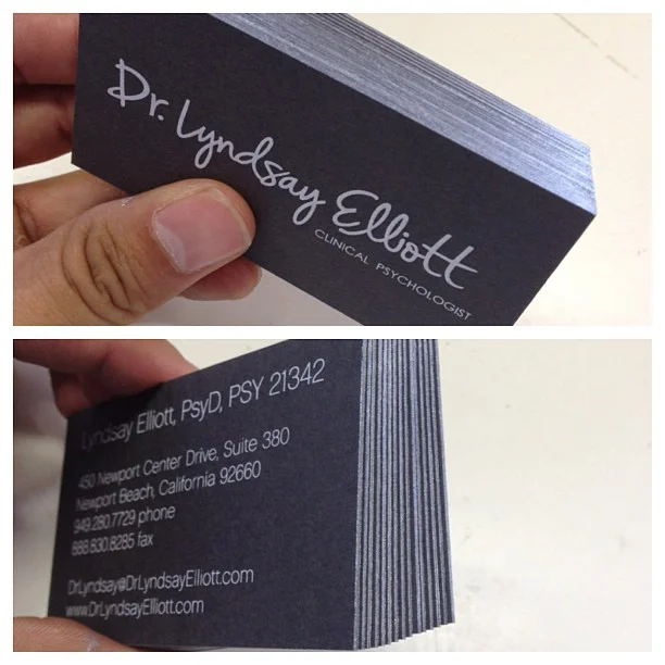 1/1 Screen Printing Business Card on custom duplexed 200lb. steel grey french paper. Metallic Silver edge painting.