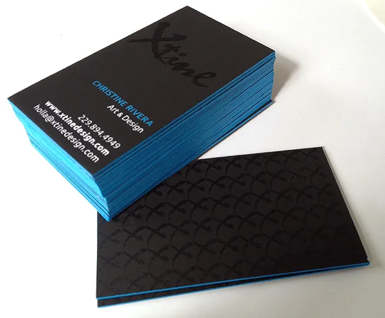 3/1 screen printed business cards on 220lb. crane lettra paper. Edge Painting and Glossy Ink.