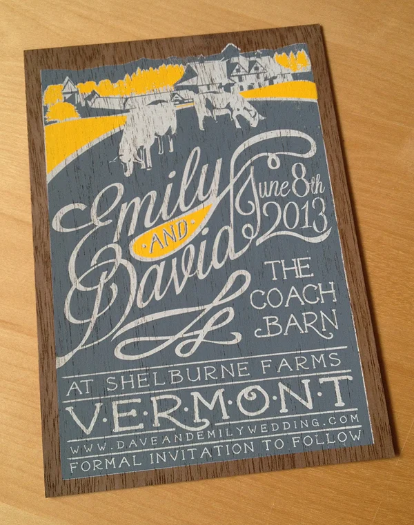 Three color wooden invitation. The veneer grain peeks through the ink.