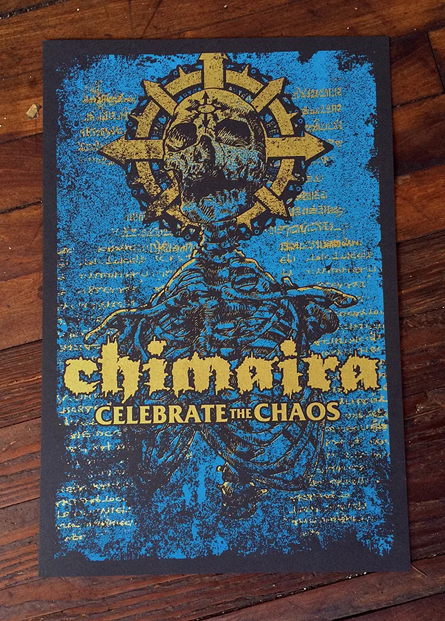 Two color screen printed poster on black paper. Metallic gold Ink.