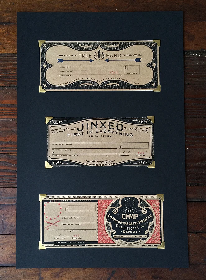 Set of three different screen printed gift certificates. Hand stamped/numbered.