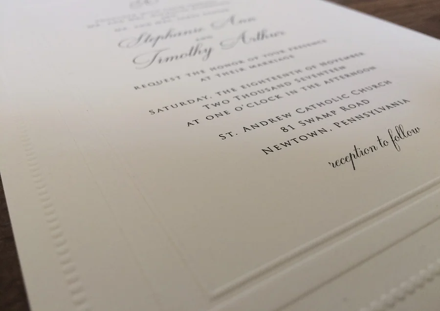 Black raised thermography custom embossed border on 110# Strathmore Natural White.