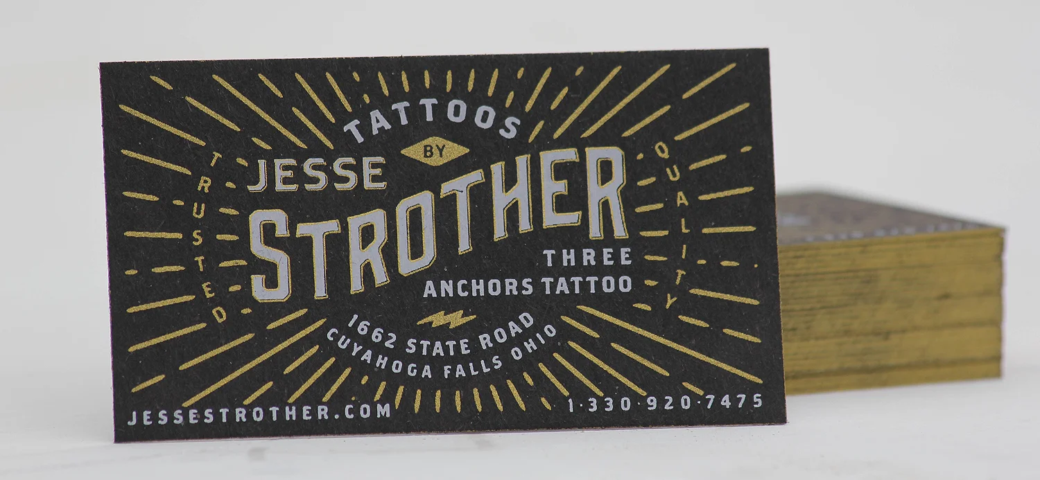 2 color screen printed business cards w/ gold edge painting on thick black recycled chipboard