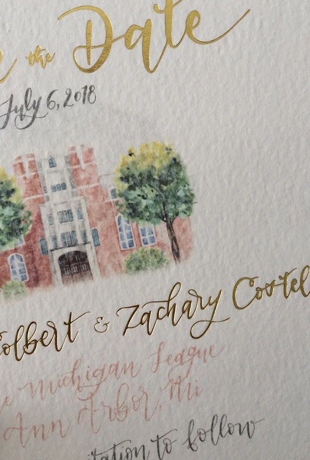 Gold foil and digital on textured Arturo stock.