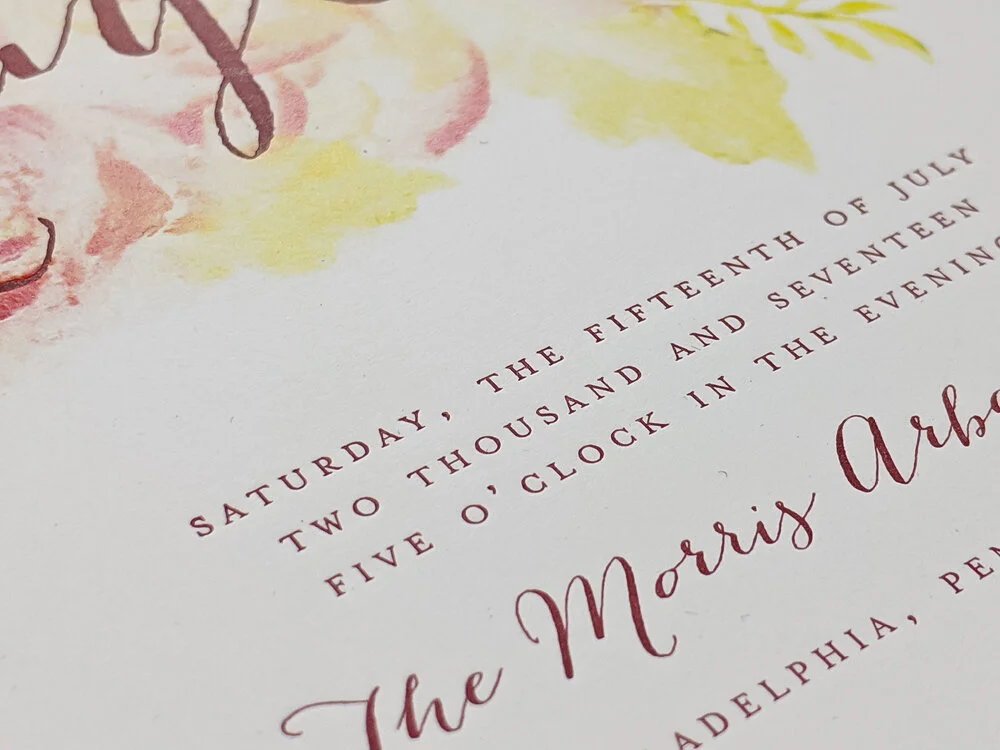1 color letterpress invites on top of a digitally printed water color design.