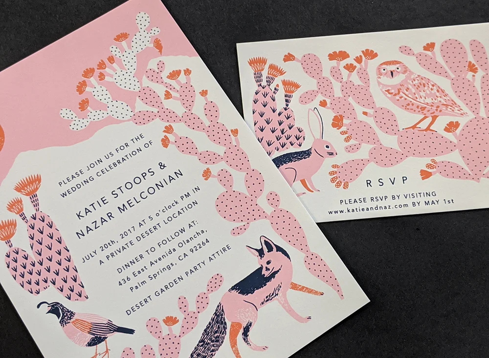 3 color wedding invitations on pearl white lettra.