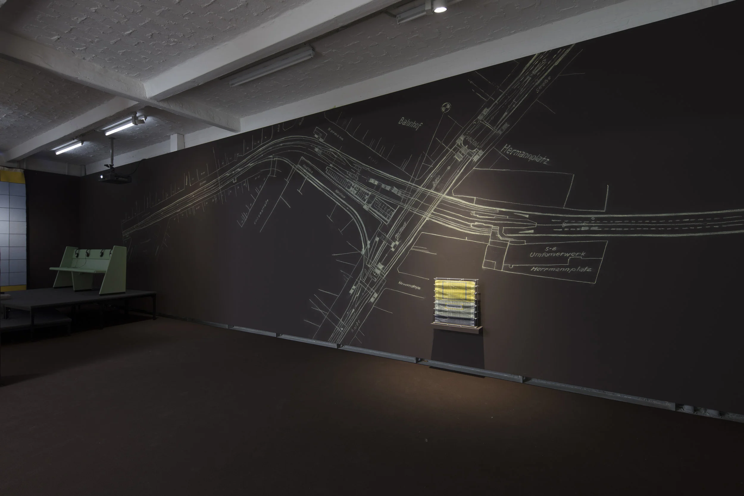 The Doubleghost, installation view. Wall mural assemblage - with chalk sample from original engineers drawing of Hermannplatz train station in Berlin and maquette sculpture. Solo exhibition at the Kunstlerhaus Bethanien. With special thanks to Creative New Zealand Berlin Artist Residency 2018-19. Image courtesy of david-brandt.de