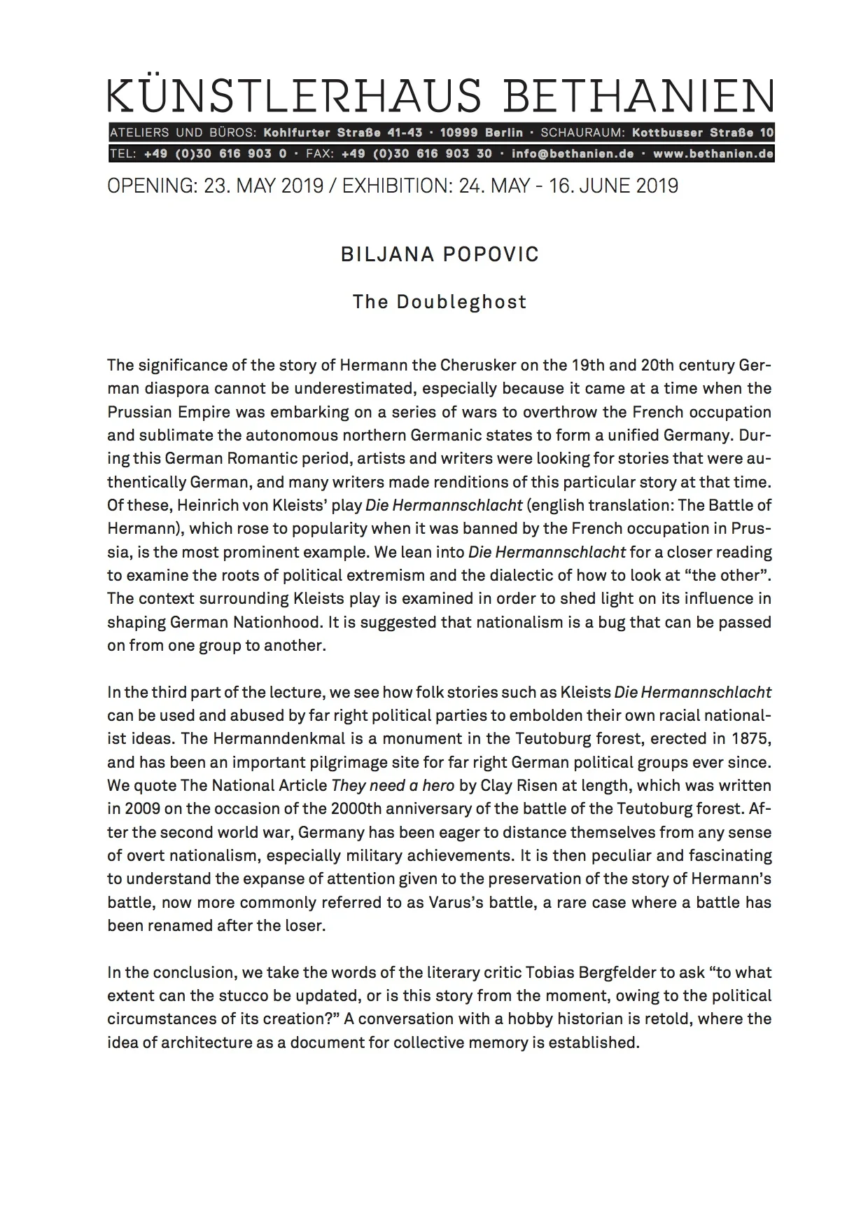 The Doubleghost, floor text (page 2 of 2). Solo exhibition at the Kunstlerhaus Bethanien. With special thanks to Creative New Zealand Berlin Artist Residency 2018-19. Image courtesy of david-brandt.de
