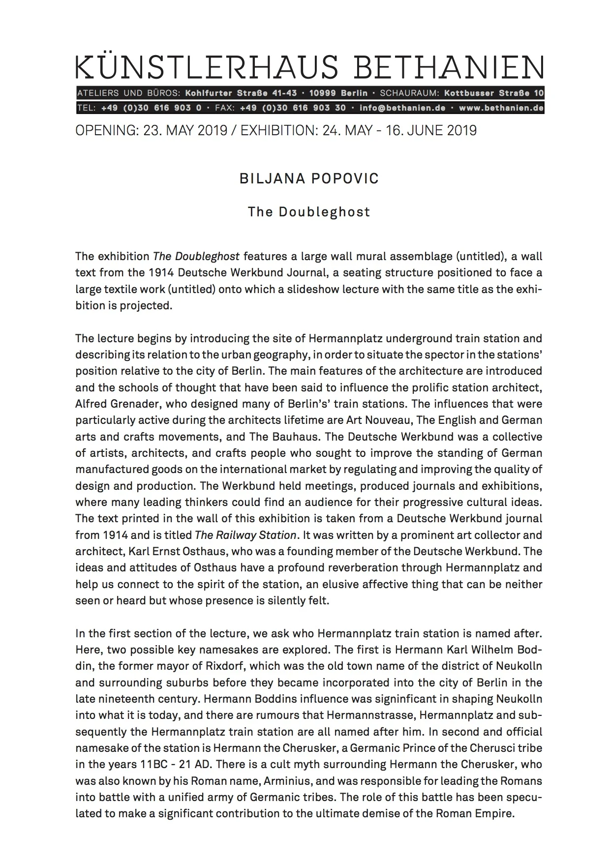 The Doubleghost, floor text (page 1 of 2). Solo exhibition at the Kunstlerhaus Bethanien. With special thanks to Creative New Zealand Berlin Artist Residency 2018-19. Image courtesy of david-brandt.de