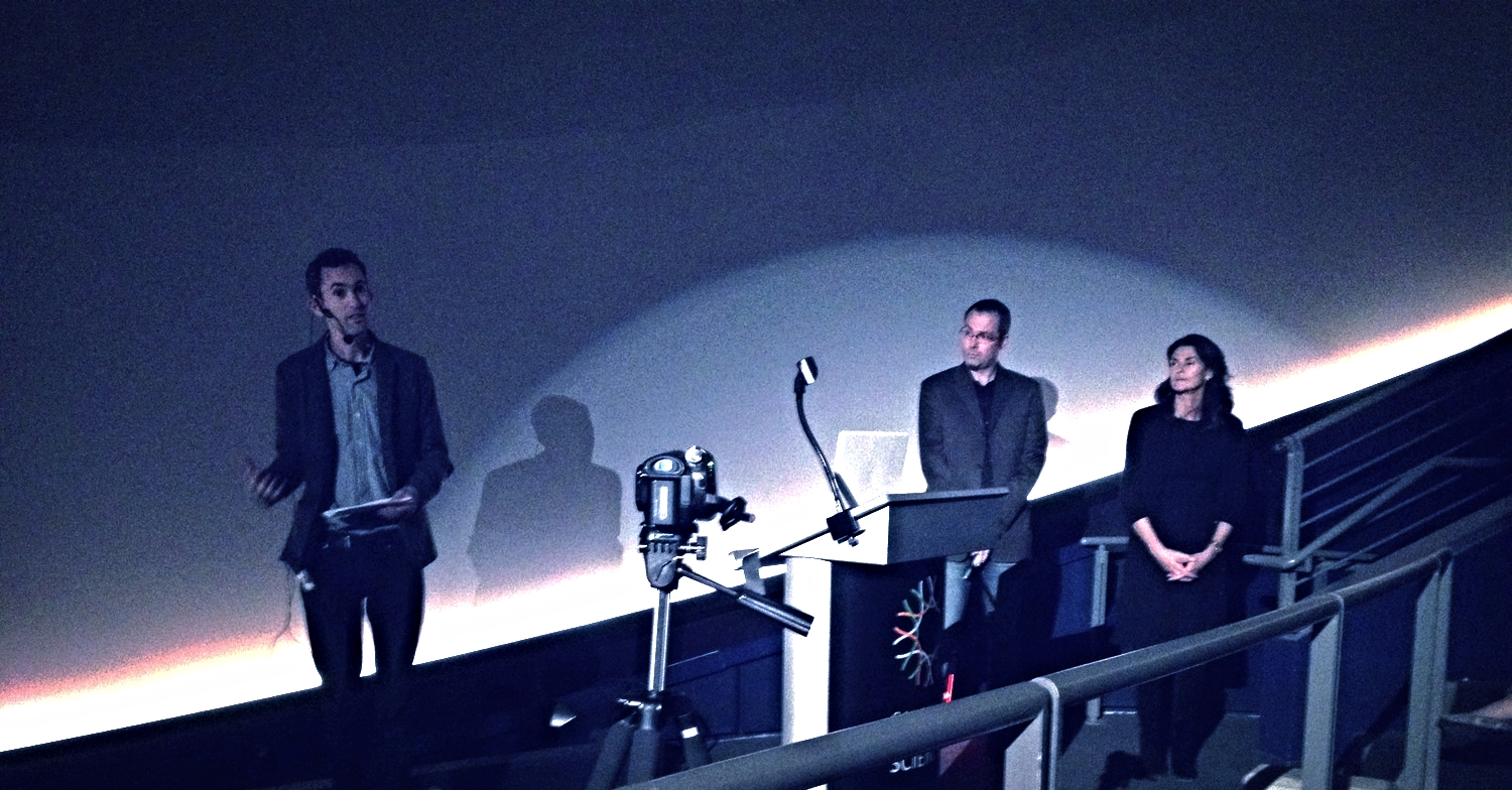  Presenters tell the story while operators "fly" through the datasets in real time. Audiences stay for a dialogue afterwards. Robin Grossinger, Healy Hamilton, and Ryan Wyatt from the "Valley Oaks" program, California Academy of Sciences. 