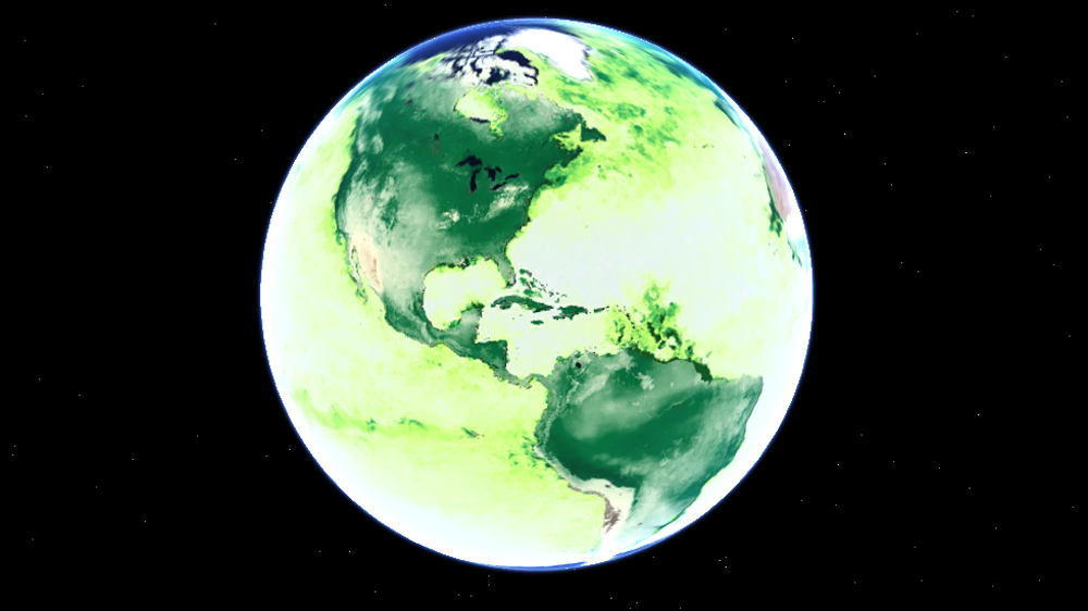 Primary productivity (green) represents the Earth's forests "breathing" energy in and out with the seasons.
