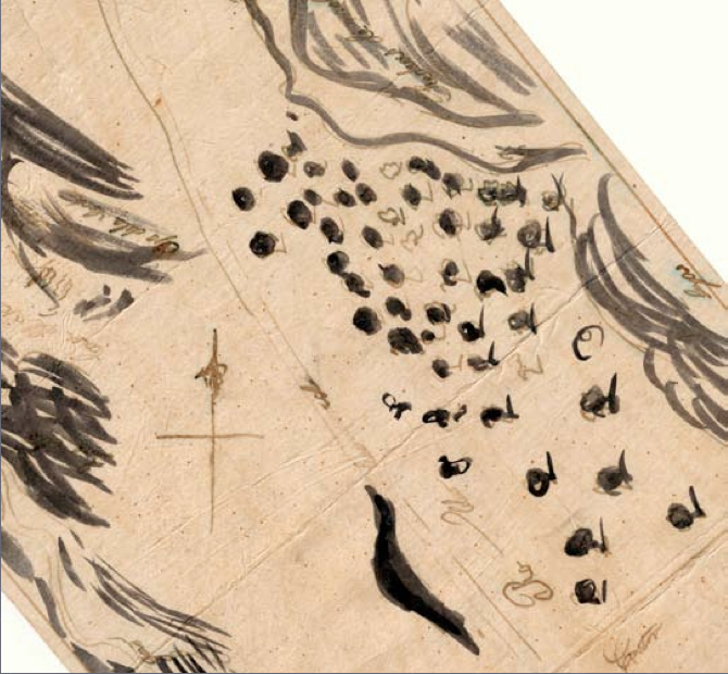 Bringing the rich qualities of this digitized Spanish "diseno" map (depicting the broad extent of "roblas"/Oaks in black) into the immersive dome was a challenge. Credit: SFEI.