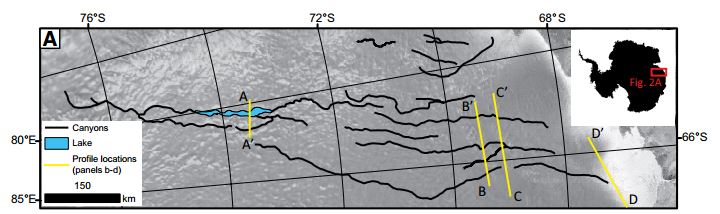 Extent of the massive canyon system lying under the ice in Antarctica (image from Jamieson et al., 2015).