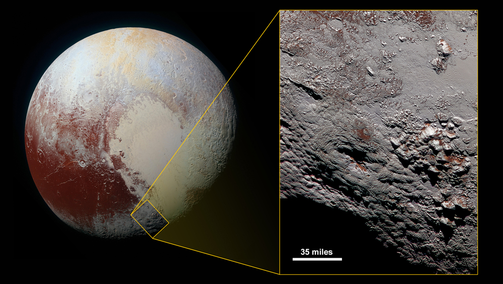Image of Wright Mons, a possible ice volcano on Pluto (image - NASA).