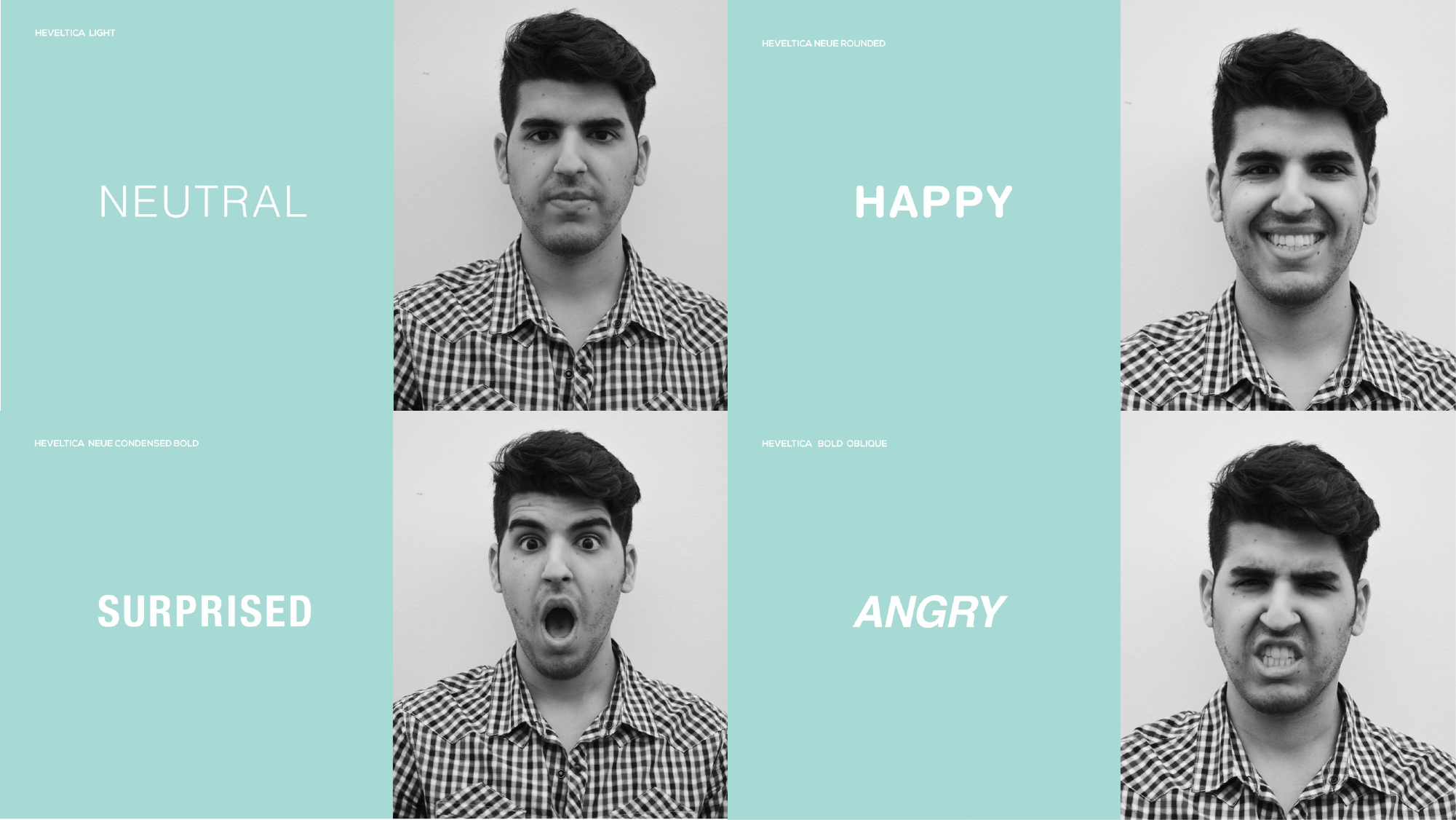 Different facial expressions effect to different type faces when you are chatting, In this case, Helvetica is used as a standard font. 