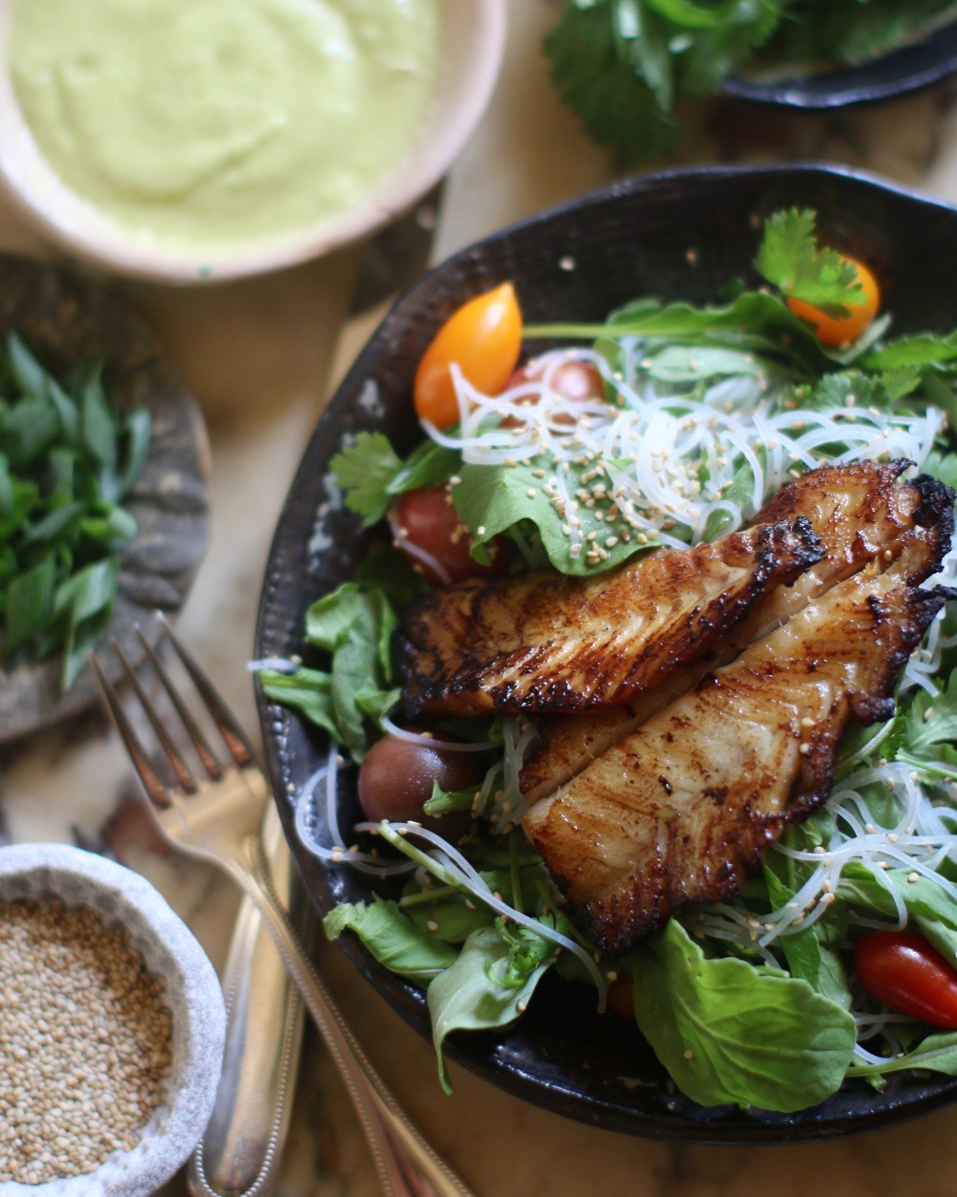 When we can get our hands on speckled trout I make my green onion dressing for this salad situation. I've posted the recipe on my website, and be sure to make a double batch of the dressing. It's a great dipping sauce and versatile condiment.  Enjoy!